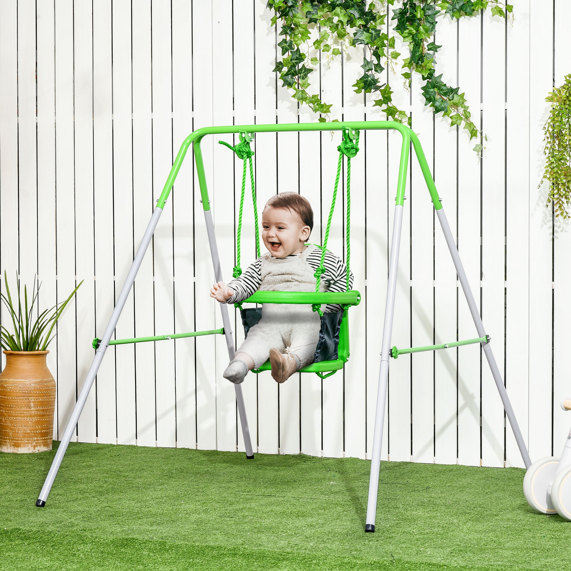 Steel Nursery Swing with Safety Seat Belt and Support Back - Green