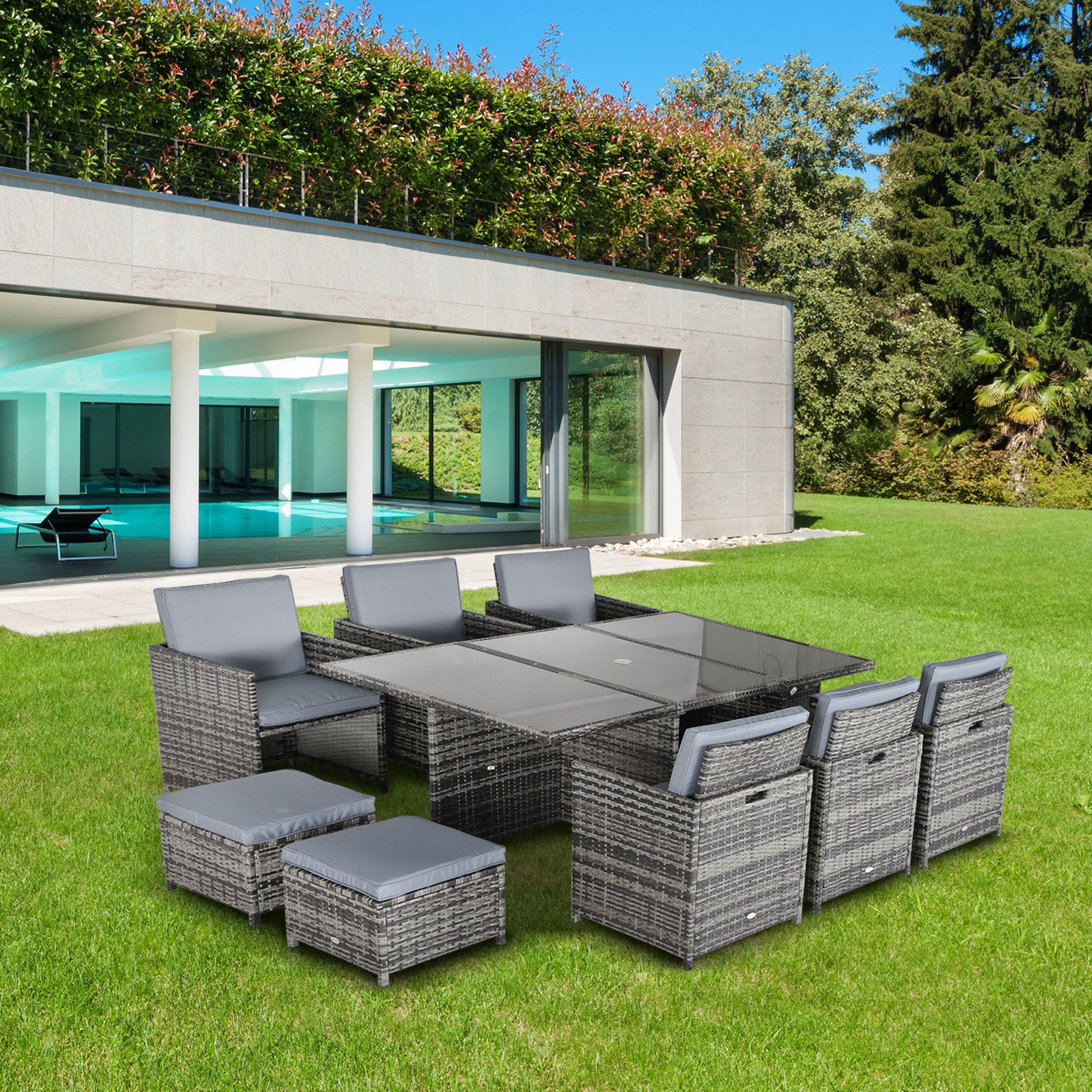 Outdoor 11pc Rattan Garden Patio Dining Set 10-Seater Cube Sofa with 6 Chairs & 4 Footrests - Mixed Grey