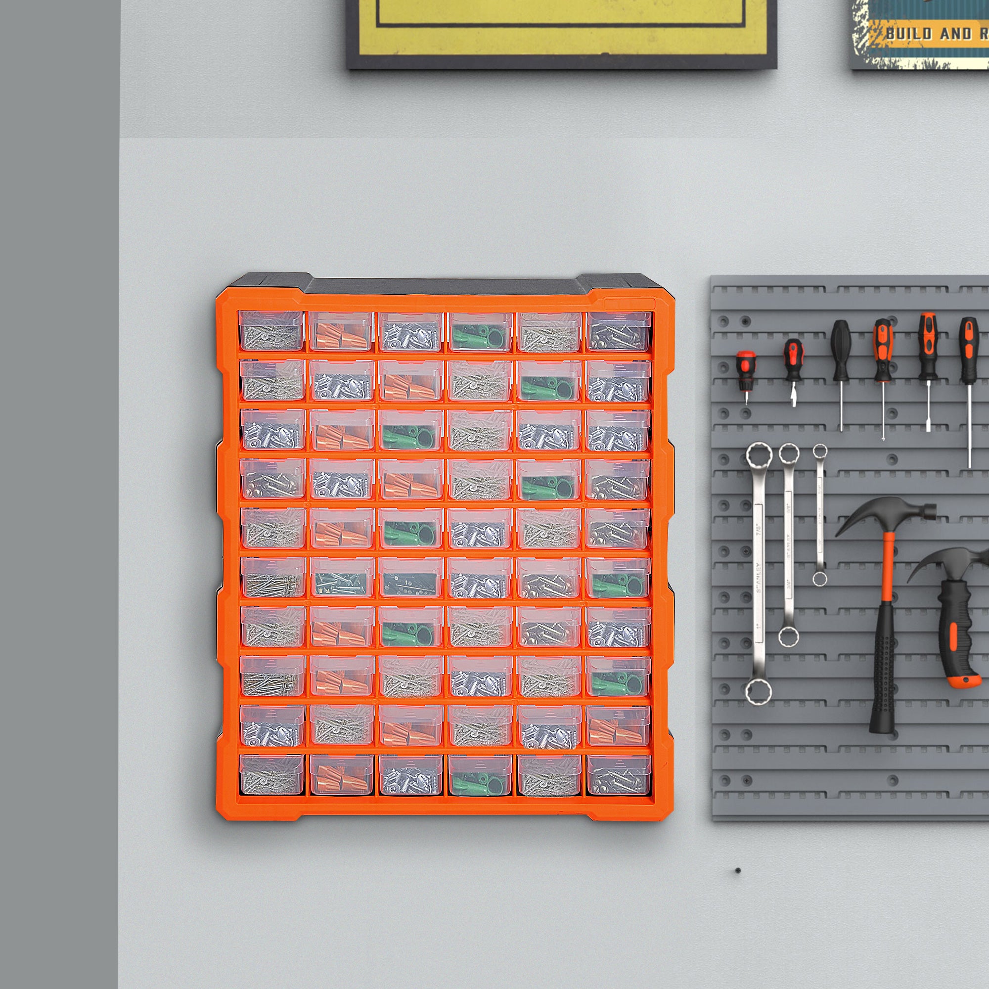60 Drawer Wall Mount Parts Organizer Storage Cabinet for Nuts Bolts Tools - Orange