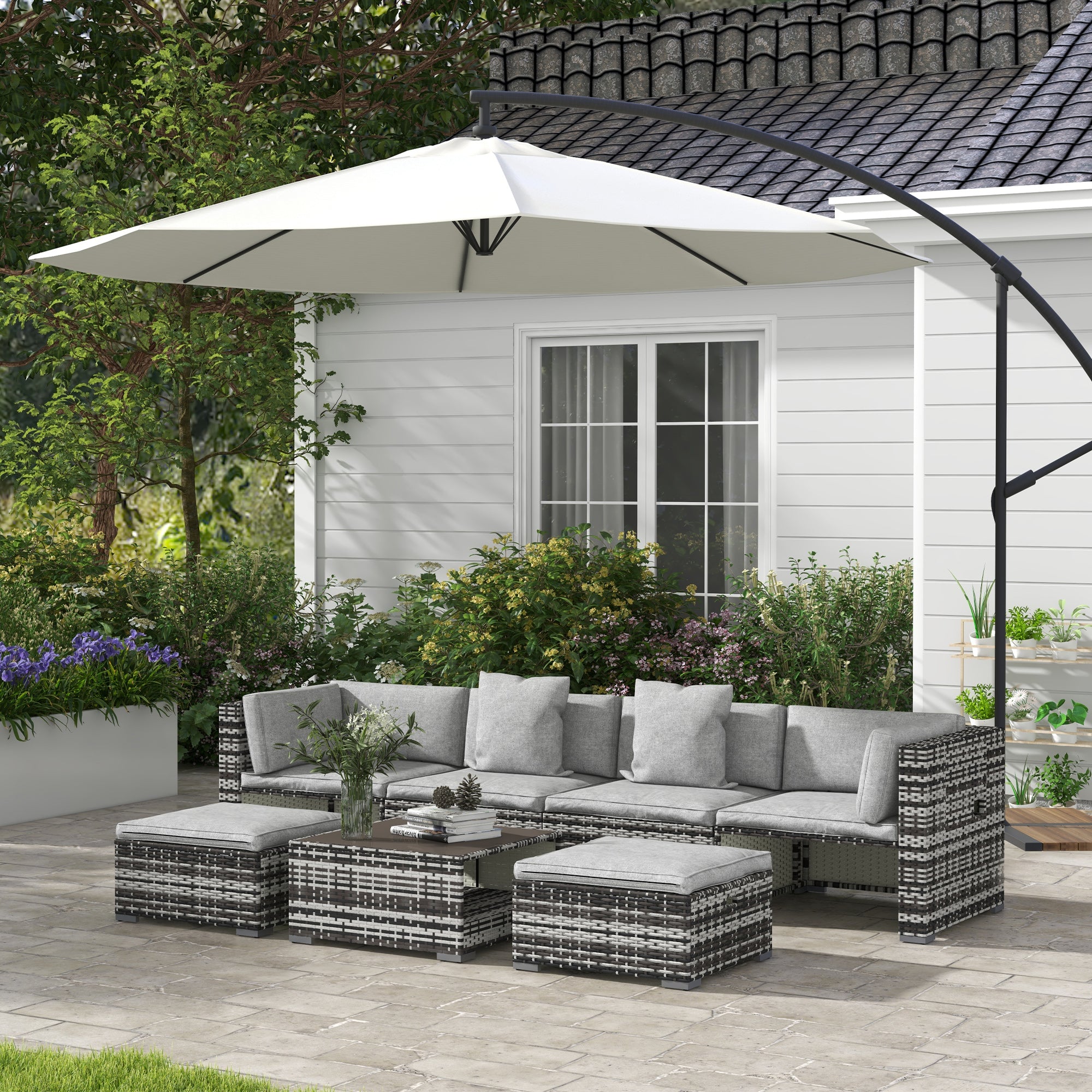 7 Piece Rattan Patio Furniture Set with Cushions and Glass Coffee Table - Mixed Grey