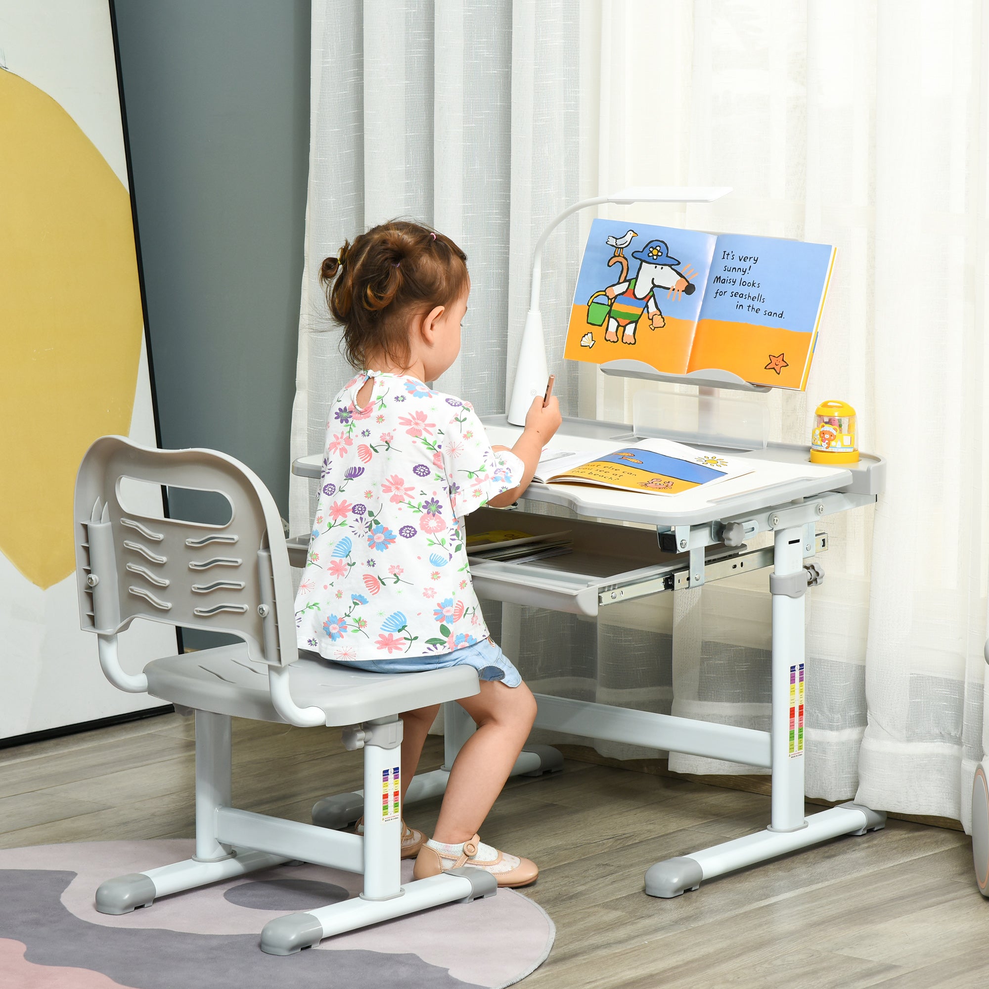 Kids Table and Chair Set with USB Lamp and Storage Drawer - Grey White