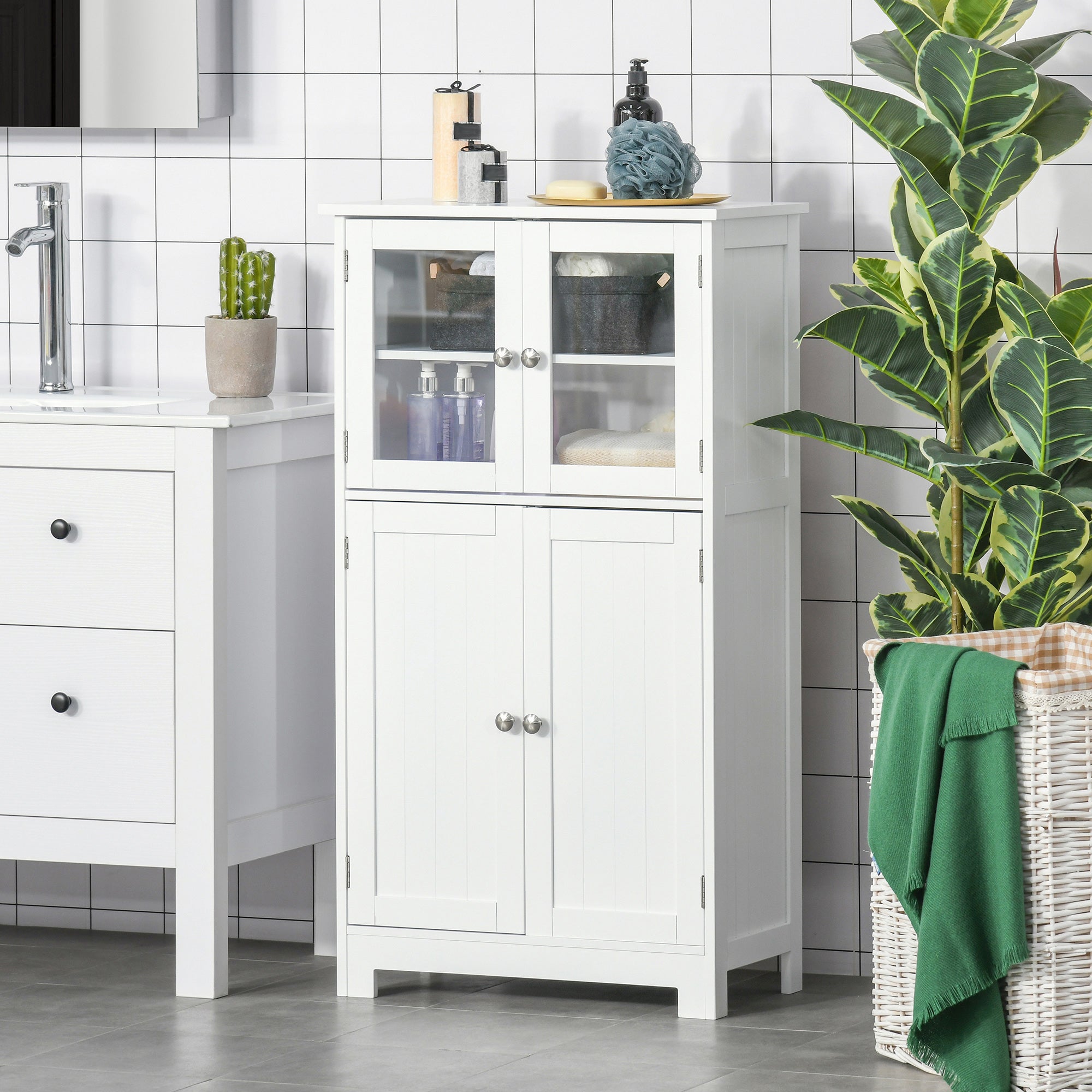 Bathroom Floor Storage Cabinet with Adjustable Shelf and Glass Doors - White