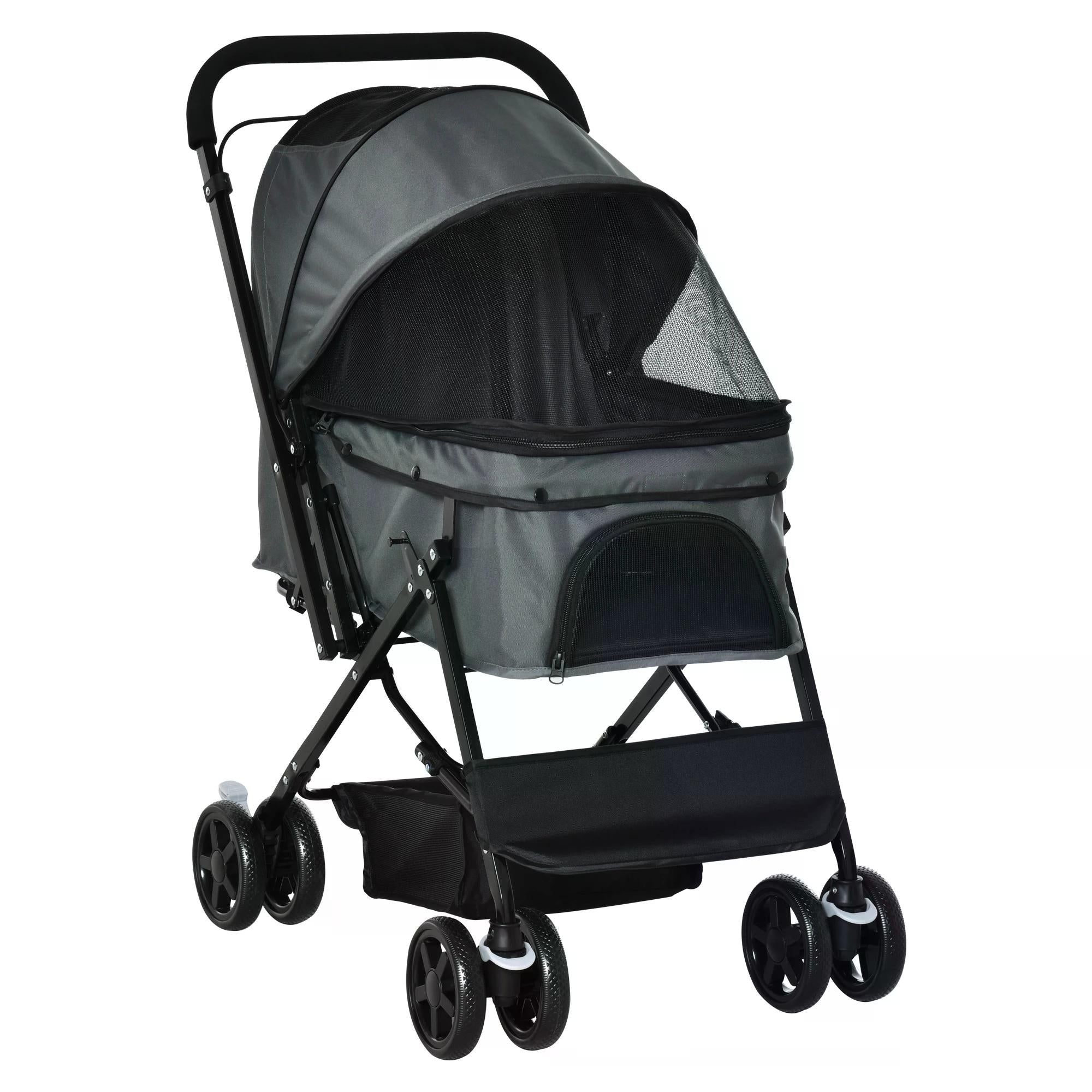 reversible handle jogging stroller Foldable Pet Stroller Jogger Grey with Brake & Canopy
