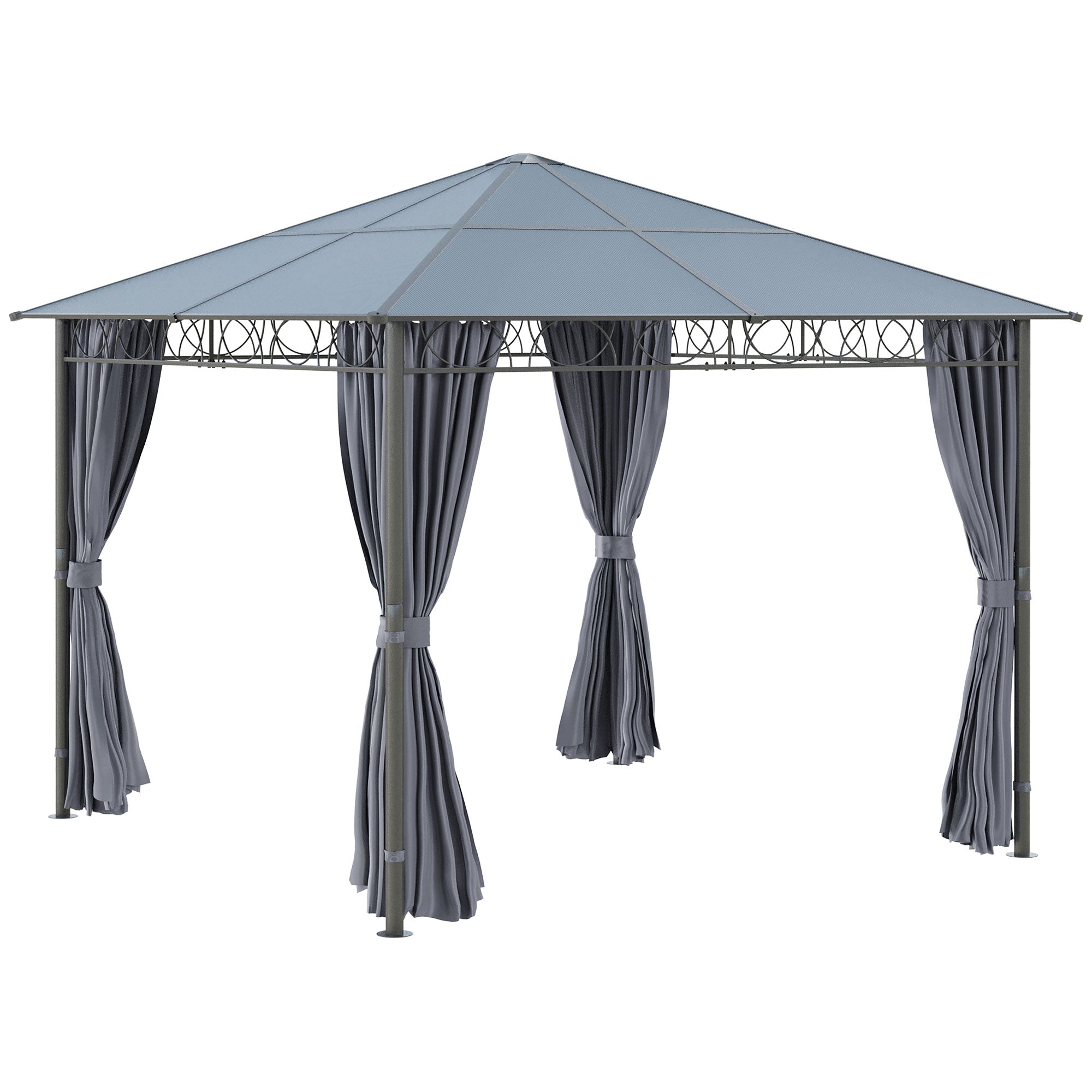 3 x 3m Hardtop Gazebo with UV Resistant Polycarbonate Roof, Steel & Aluminium Frame, Garden Pavilion with Curtains - Grey