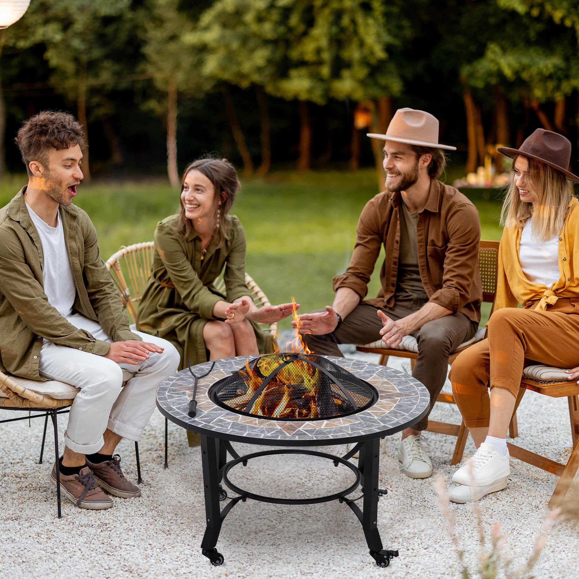 2-in-1 Outdoor Fire Pit on Wheels, Patio Heater with Cooking BBQ Grill, Firepit Bowl with Screen Cover, Fire Poker for Backyard Bonfire
