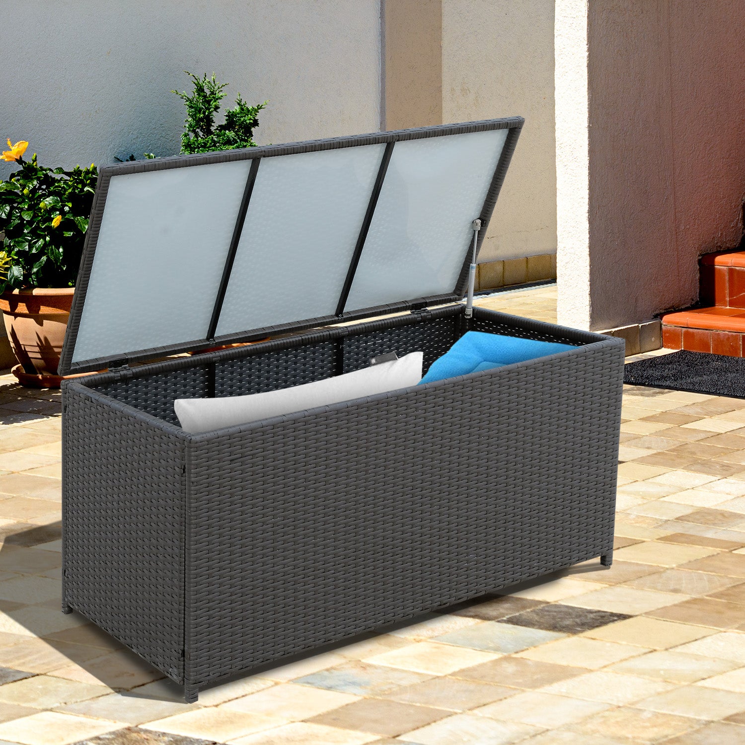 Rattan Outdoor Storage Box with Hydraulic System - Dark Brown