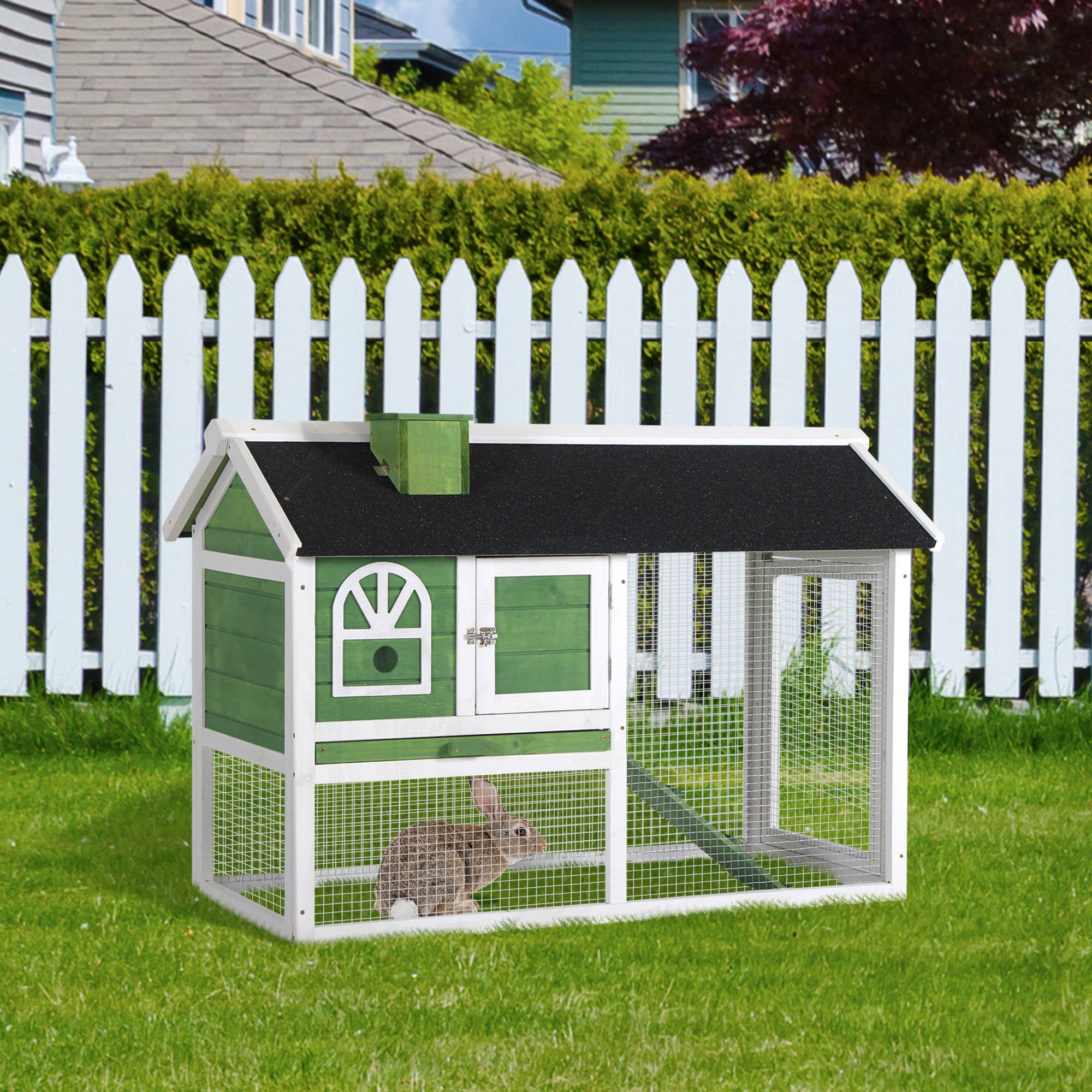Wooden Rabbit Hutch Cage with Pull-Out Tray, Ramp & Asphalt Roof for Small Animals - Green