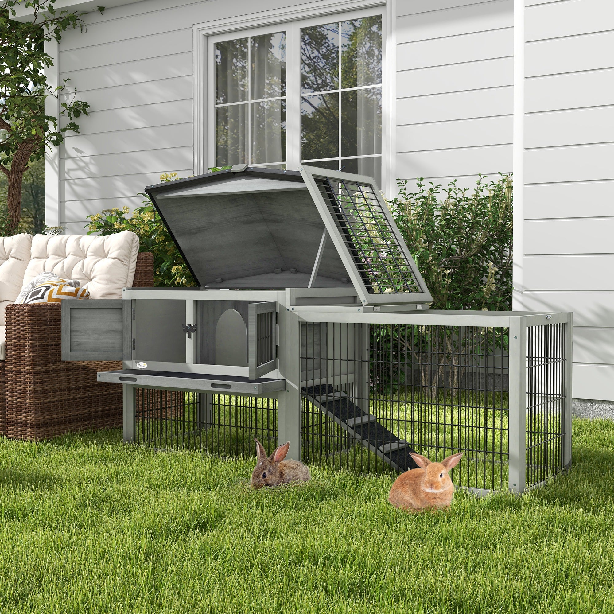 Wooden Rabbit Hutch with Outdoor Run - Grey