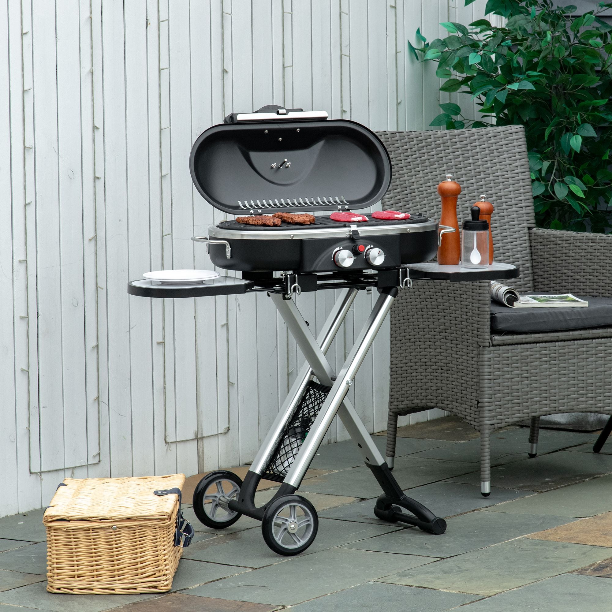 Foldable 2 Burner Gas BBQ Grill Trolley with Lid, Side Shelves & Thermometer - Black Silver