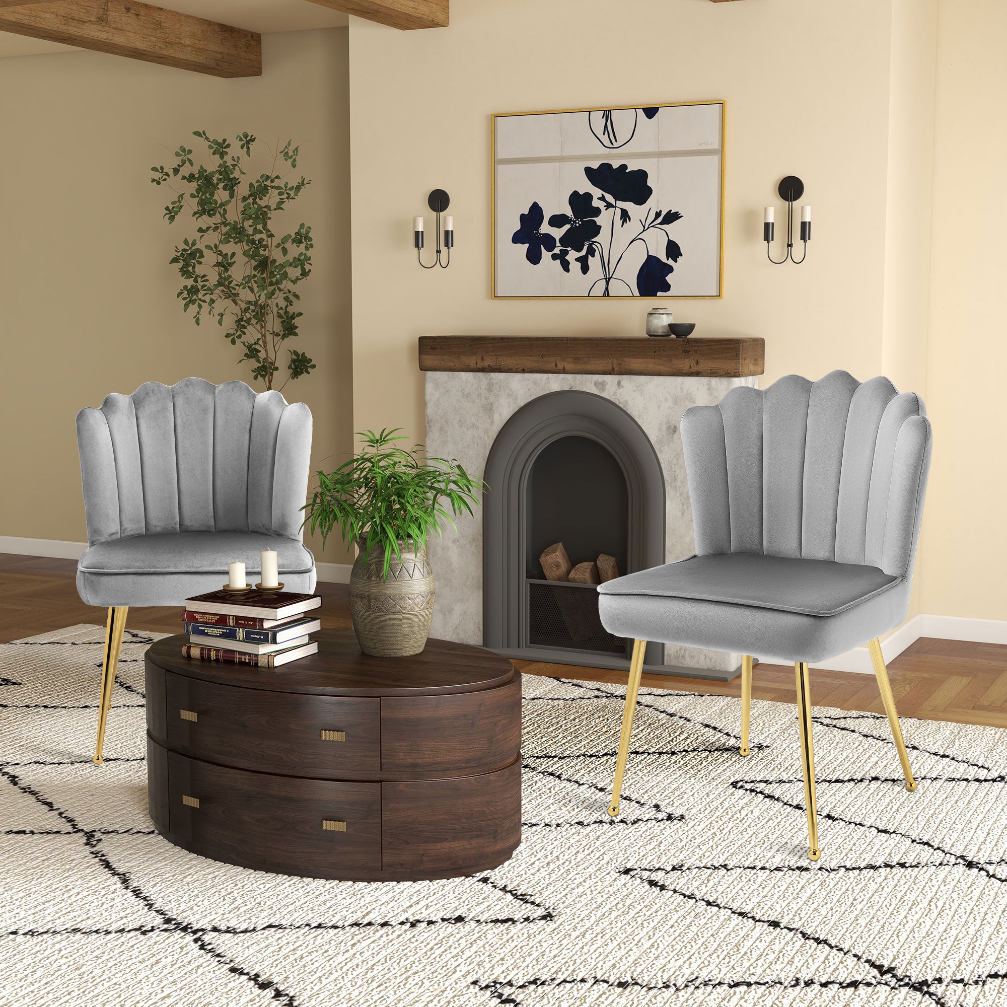 Shell Luxe Velvet Accent Chair, Modern Living Room Chair with Gold Metal Legs for Living Room, Bedroom, Home Office, Set of 2, Grey