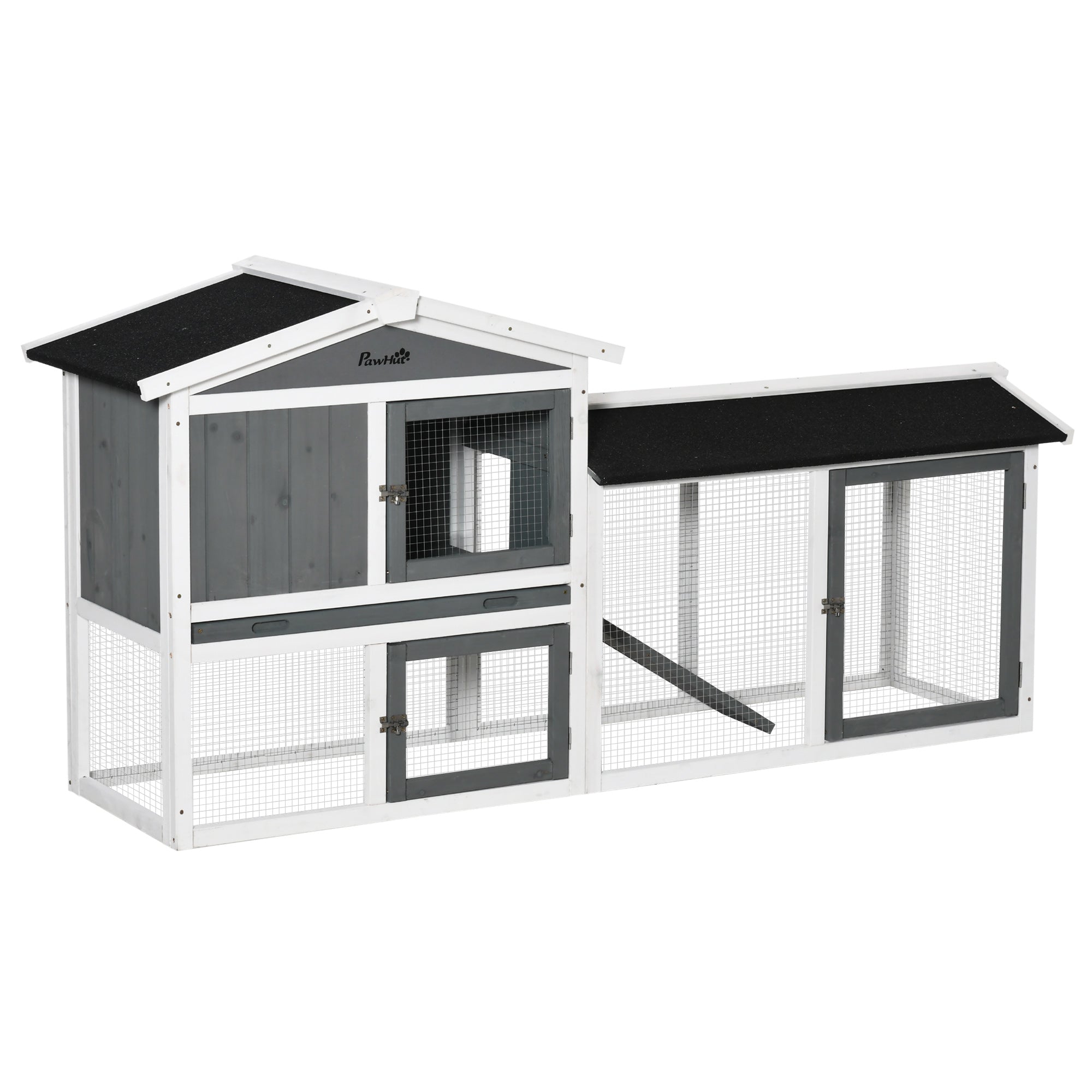 2 Tier Wooden Rabbit Hutch with Run Box and Slide-out Tray 175.8x52x85.5cm - White