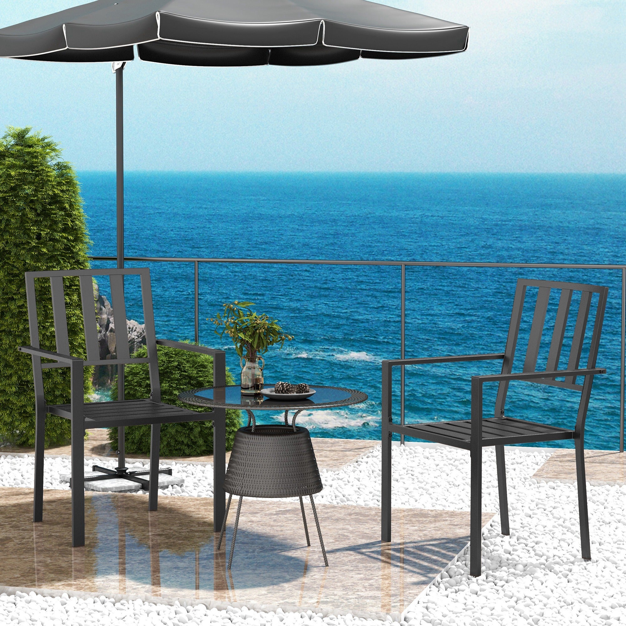 Set of 2 Metal Patio Dining Chairs with Slatted Design - Black