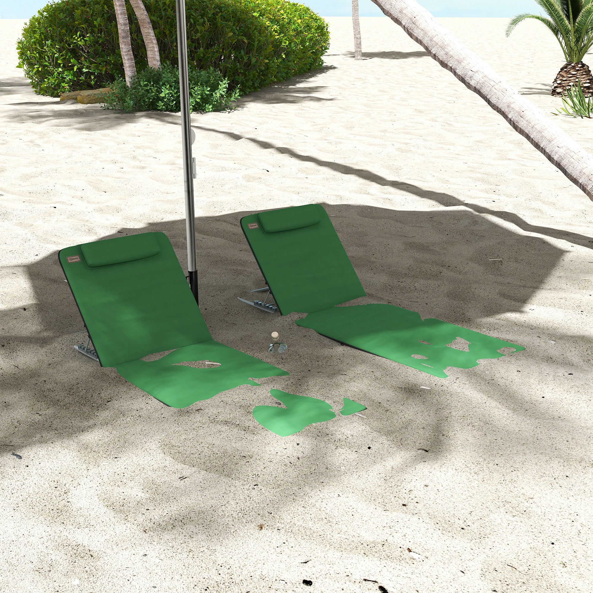 2-Piece Outdoor Metal Frame Reclining Beach Chair Set with Pillow - Green