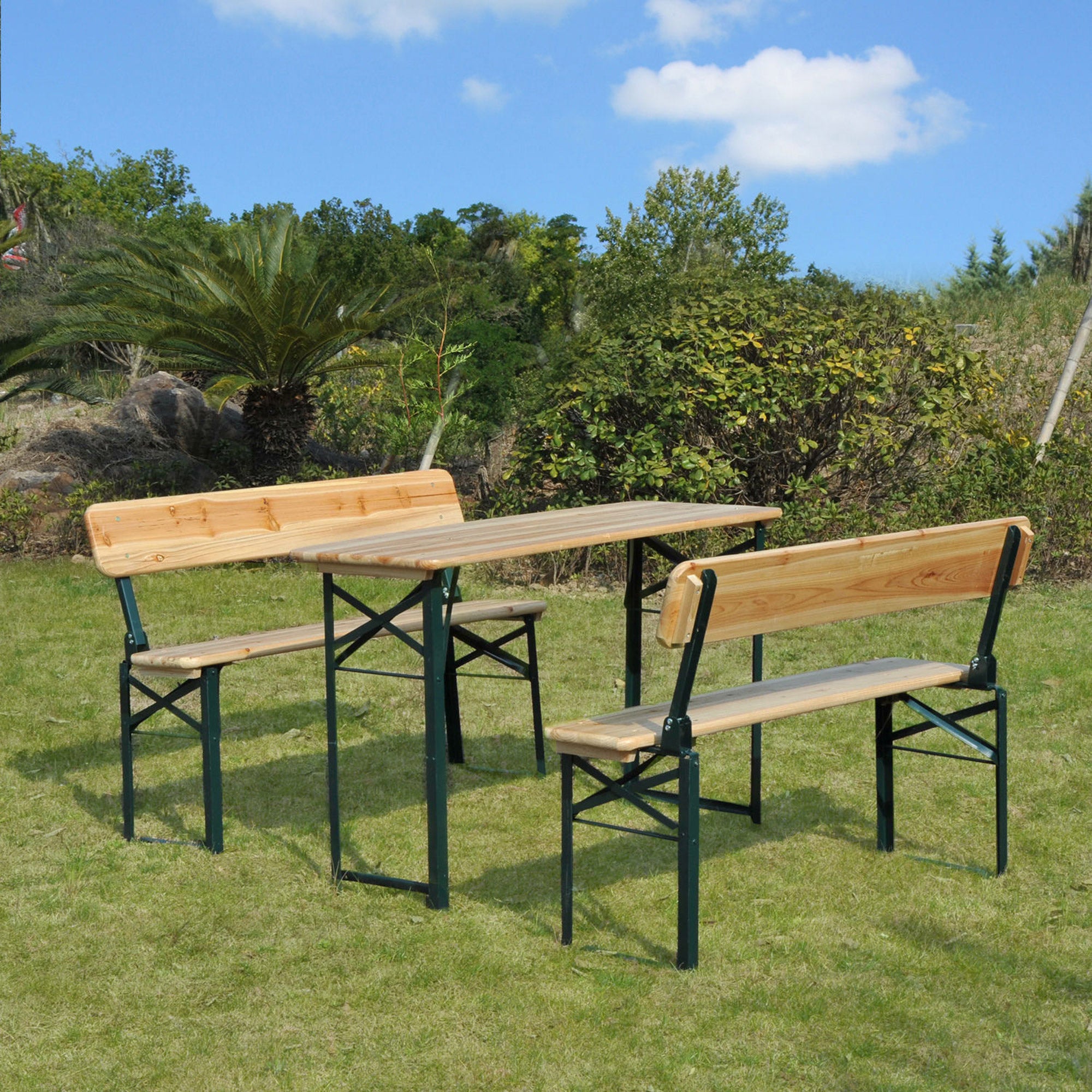 3 Piece Wooden Folding Picnic Table and Bench Set with Backrests - Dark Green
