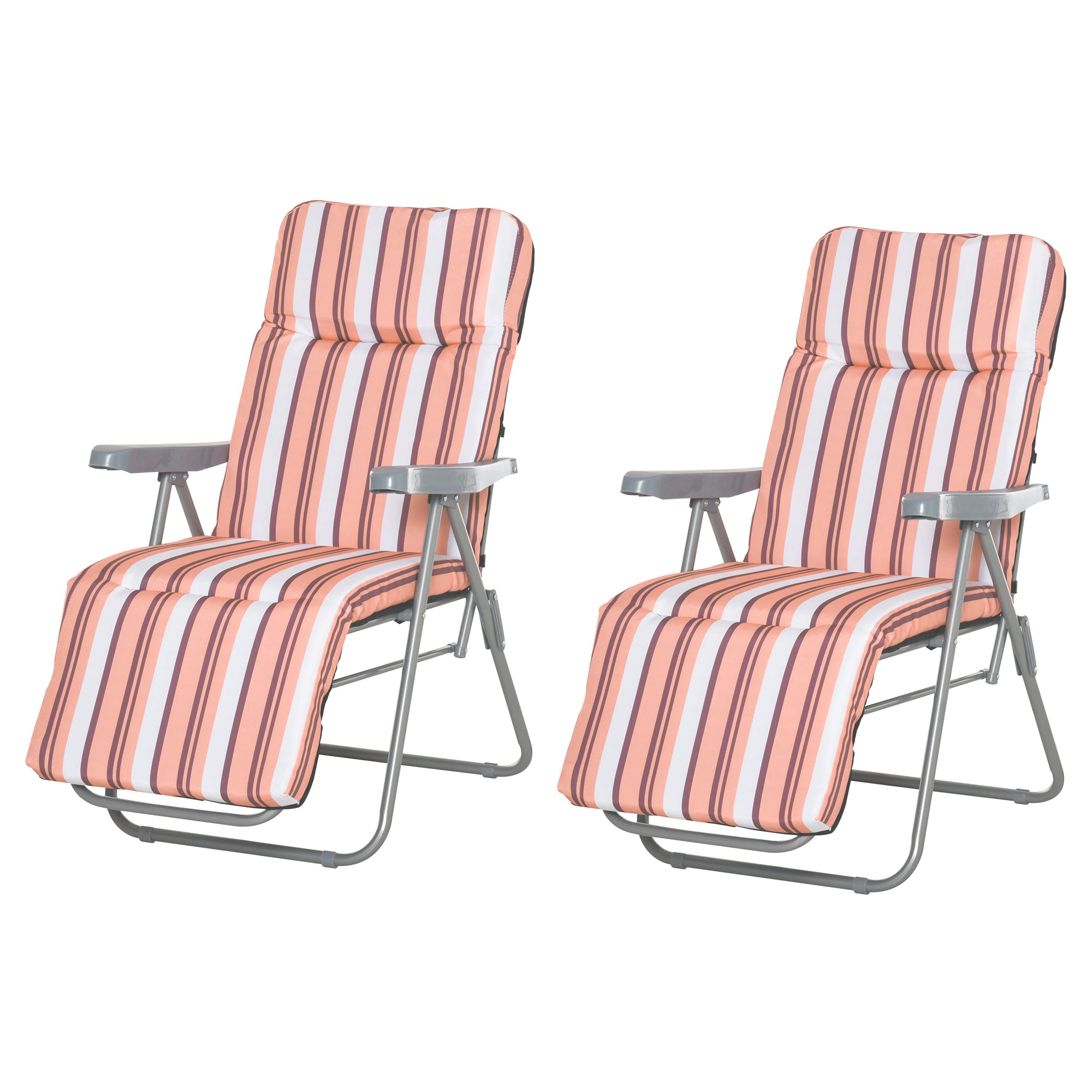 Set of 2 Garden Sun Lounger Outdoor Reclining Seat Cushioned Seat Foldable Adjustable Recliner Orange and White
