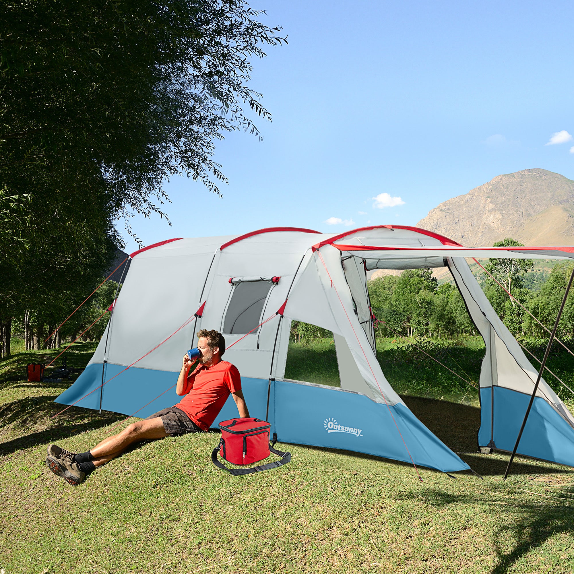 6-8 Person Tunnel Camping Tent with Bedroom and Sewn-in Floor - Blue