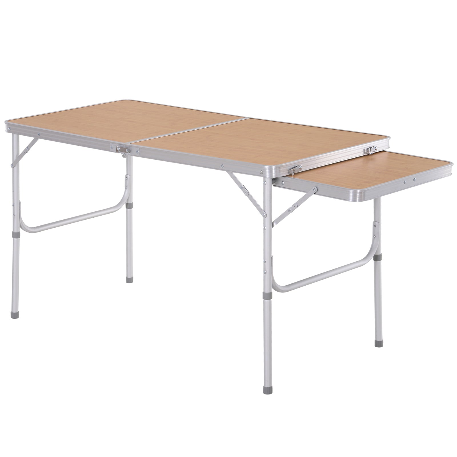 4ft Folding Portable Outdoor Table with Pull-Out Side Table Aluminium Frame - Silver
