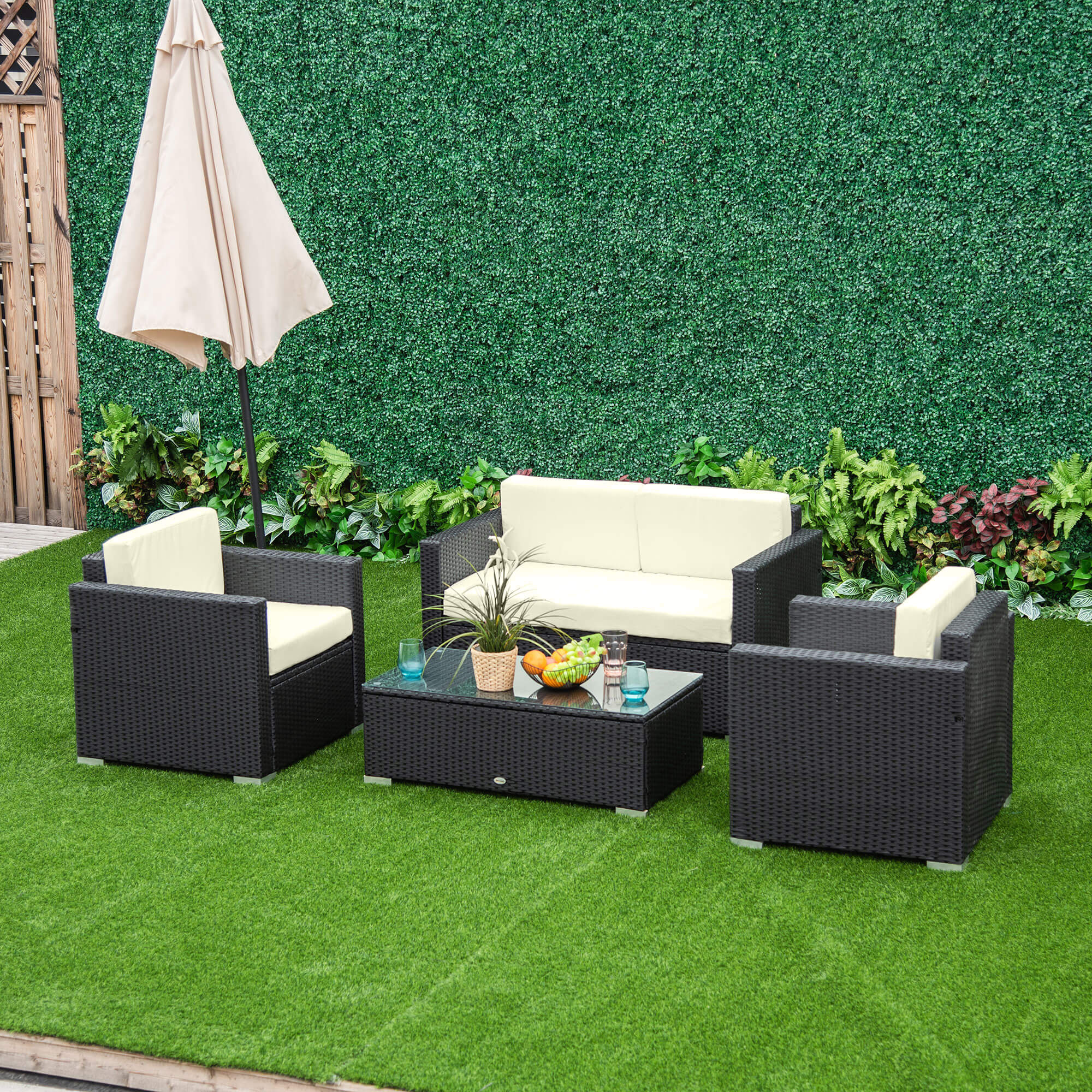 4-Seater Rattan Sofa Set With Steel Frame and Black Cushions