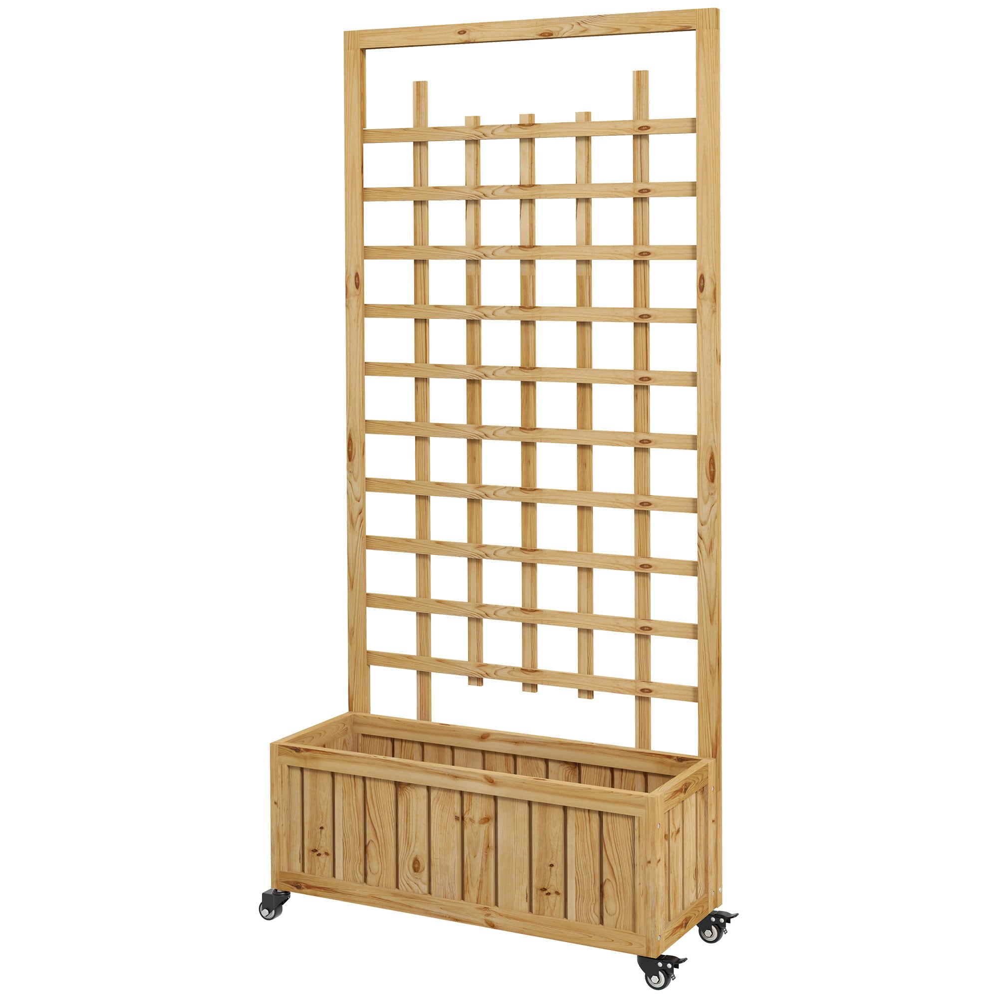 Wooden Raised Garden Bed with Trellis and Wheels - Natural Finish