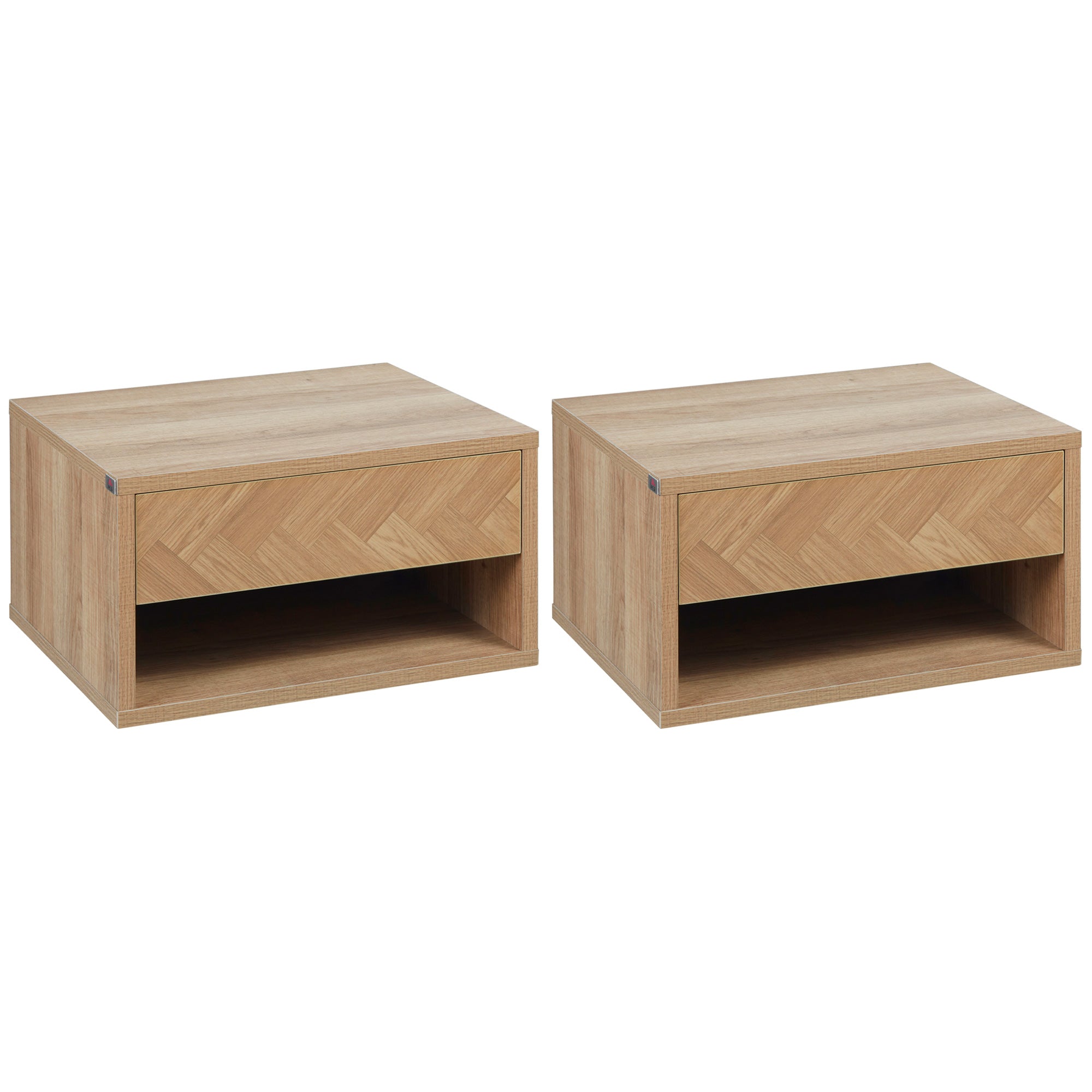 Set of 2 Floating Bedside Tables with Drawer and Shelf - Natural