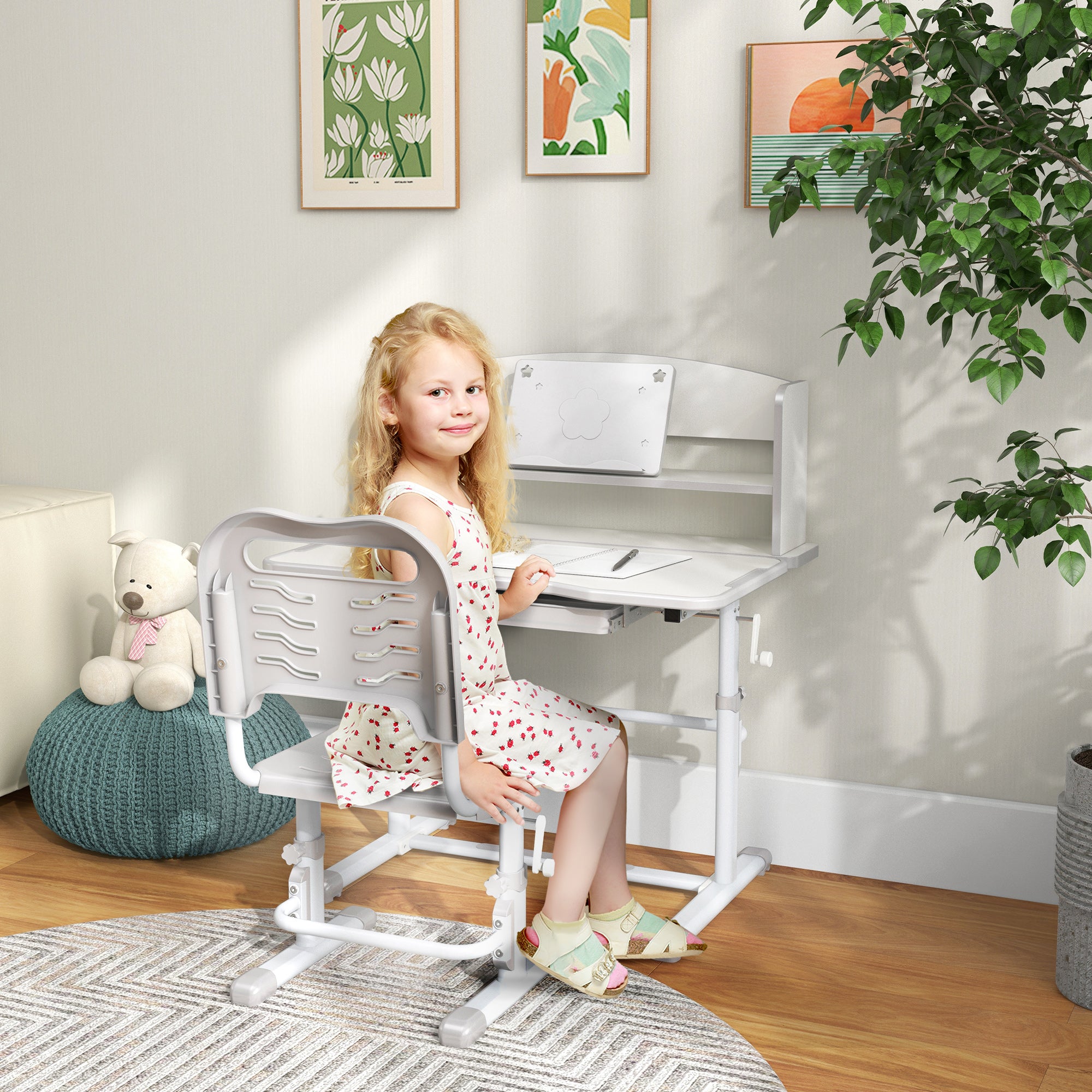 2 Piece Height Adjustable Kids Study Table and Chair Set with Storage Shelf Grey
