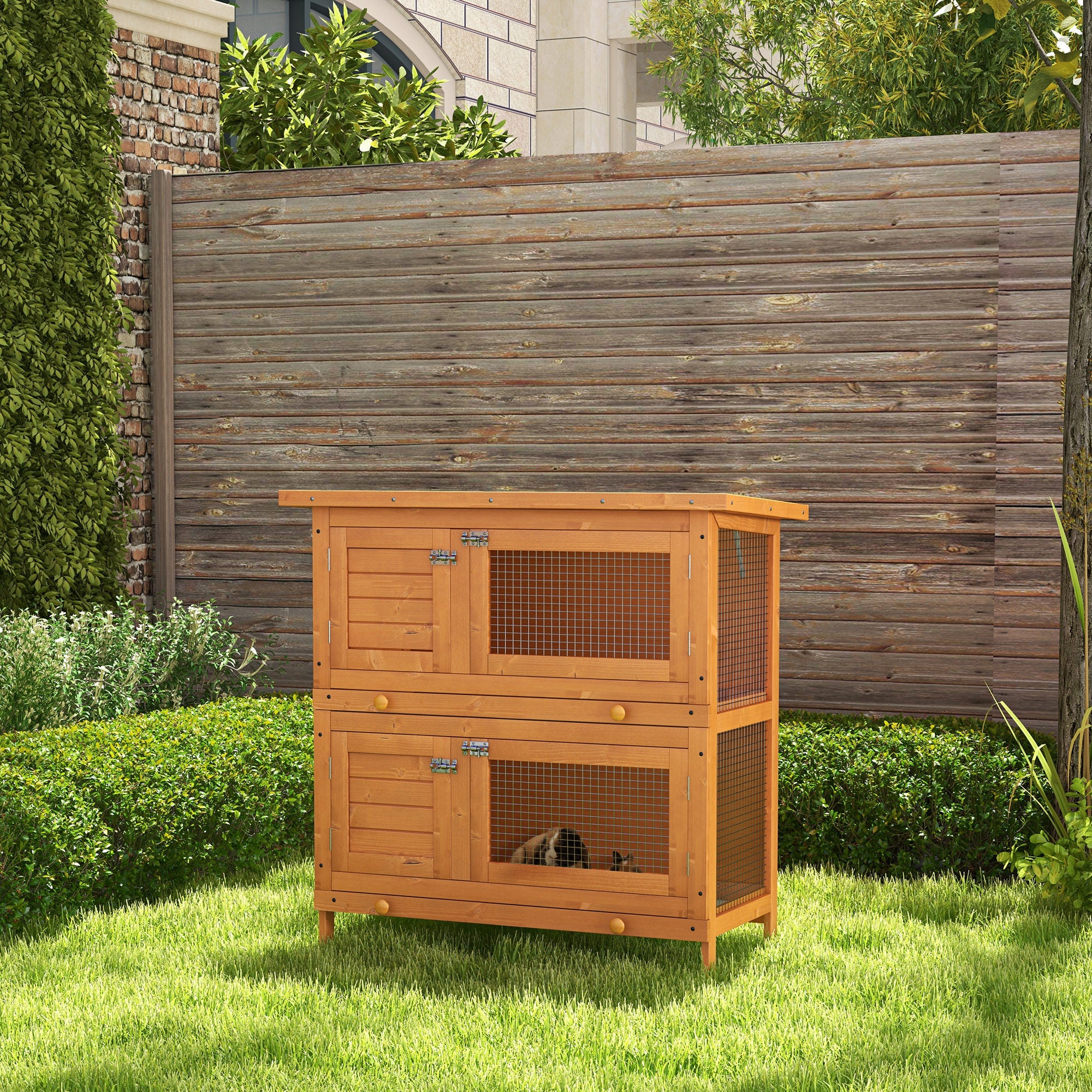 Wooden 2-Tier Rabbit Hutch with Slide-Out Tray and Hinged Roof for Indoor Use - Vintage Yellow Green
