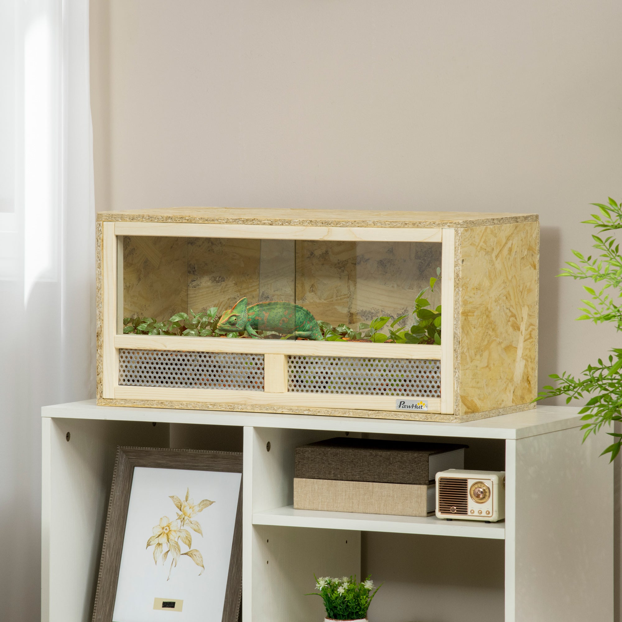 Reptile Terrarium Vivarium with Sliding Doors and Breathable Mesh for Lizards - Natural Wood Finish