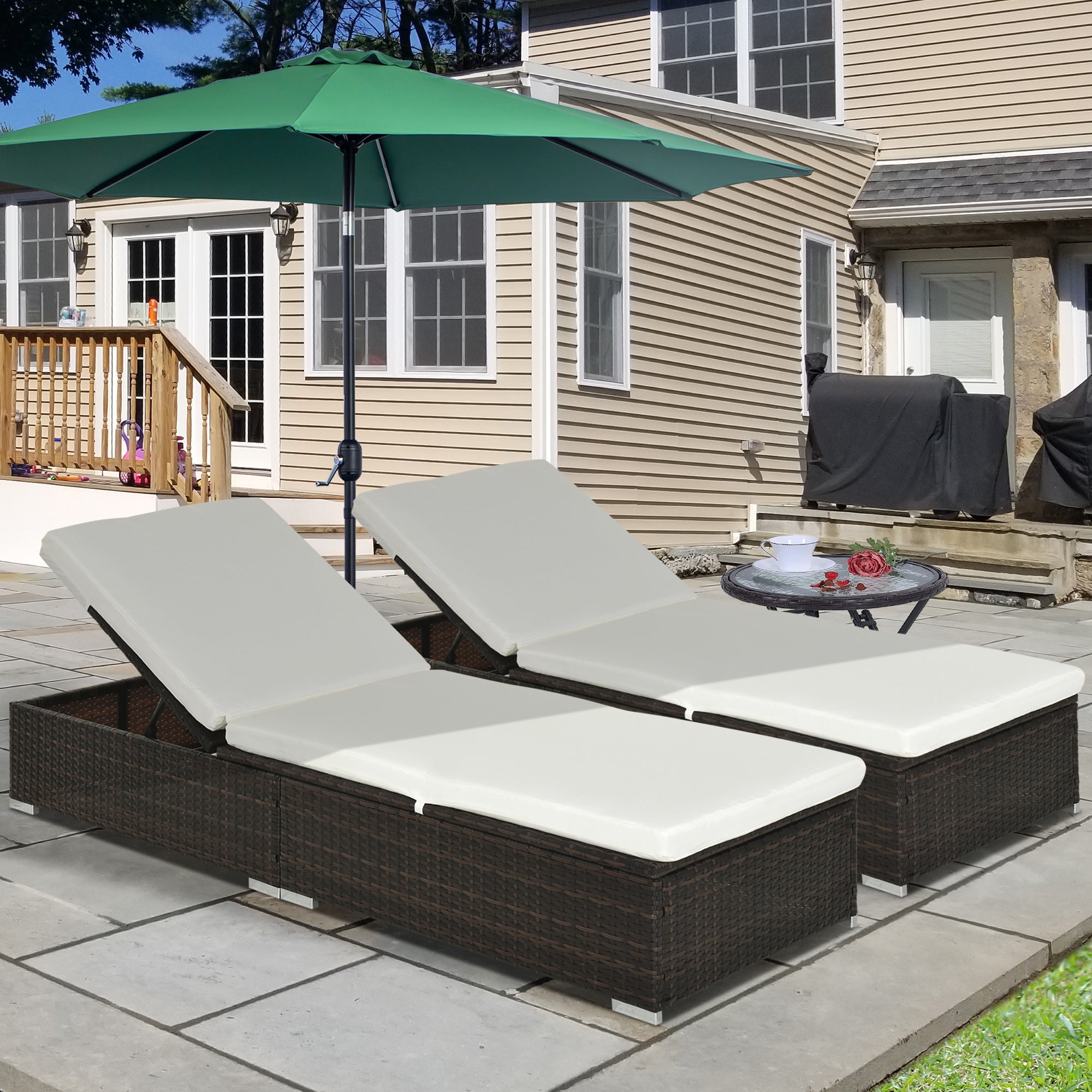 Set of 2 PE Rattan Outdoor Sun Loungers with Cushions - Brown