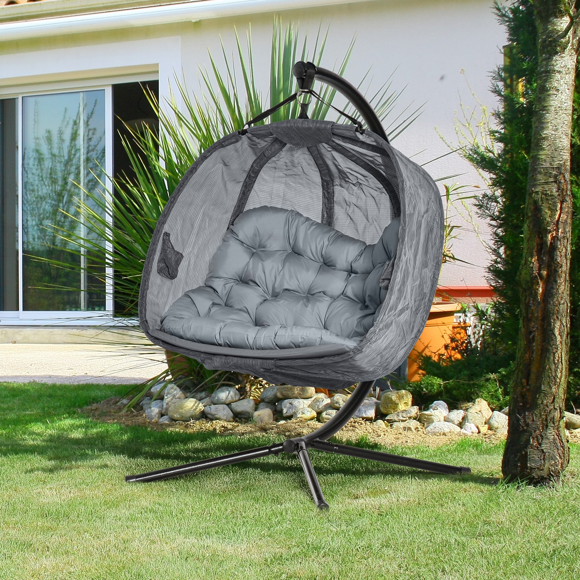 Double Hanging Egg 2-Seater Swing Hammock Chair with Stand, Cushion & Folding Design - Grey