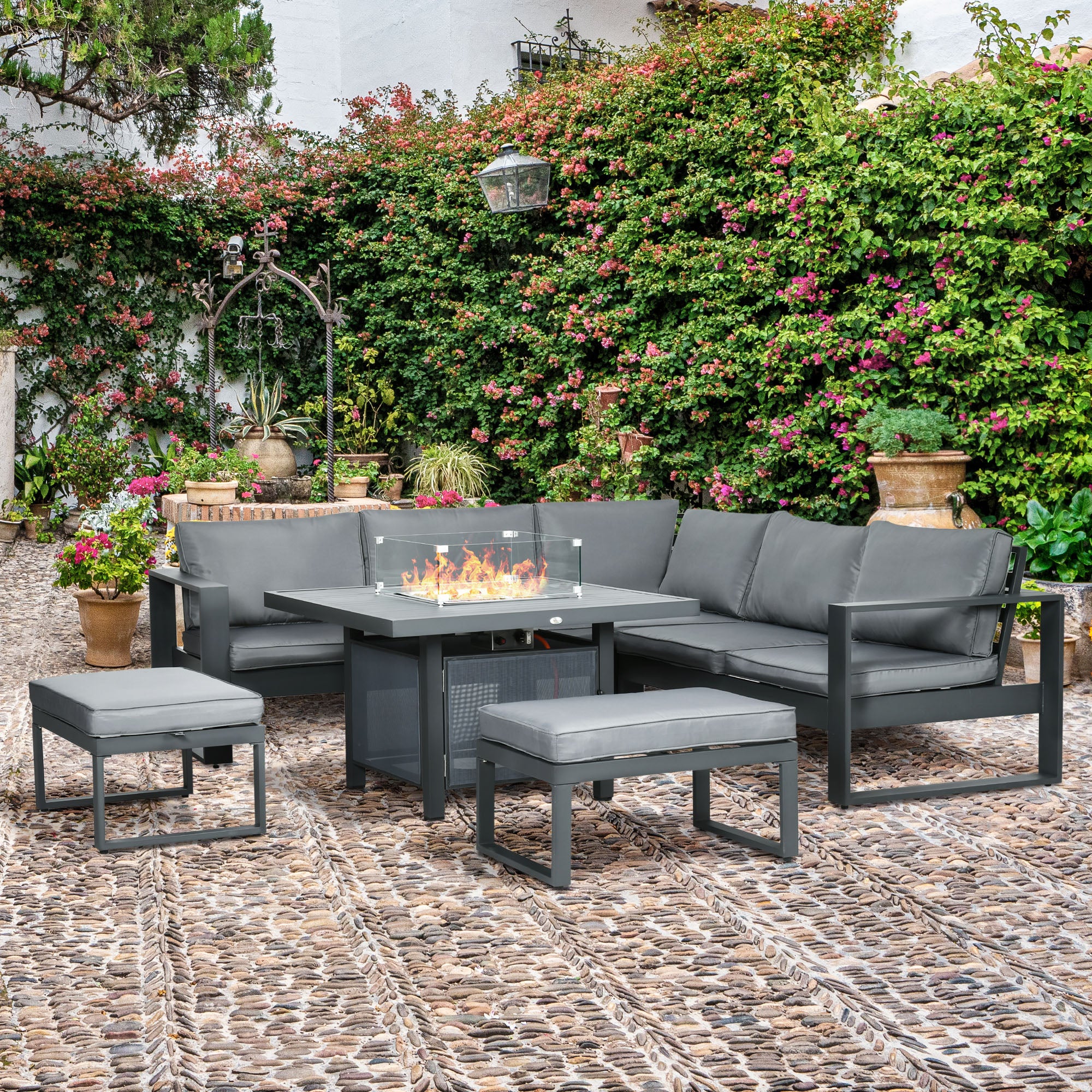 6 Piece Aluminium Garden Furniture Set with Fire Pit Table - Grey