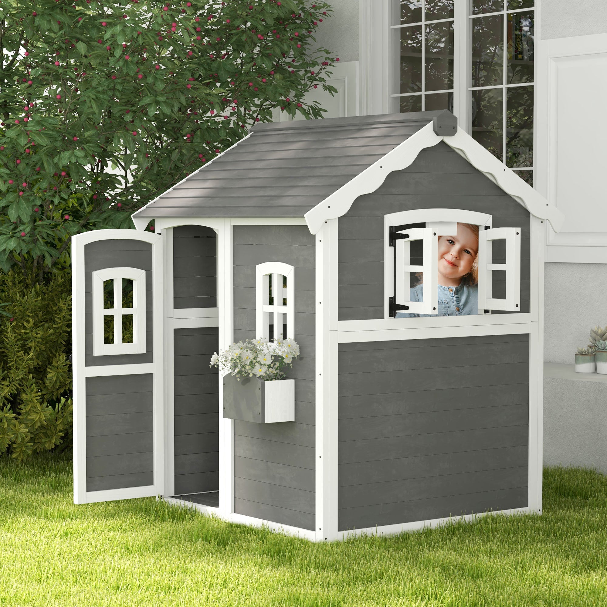 Wooden Kids Playhouse with Doors Windows and Plant Box - Grey