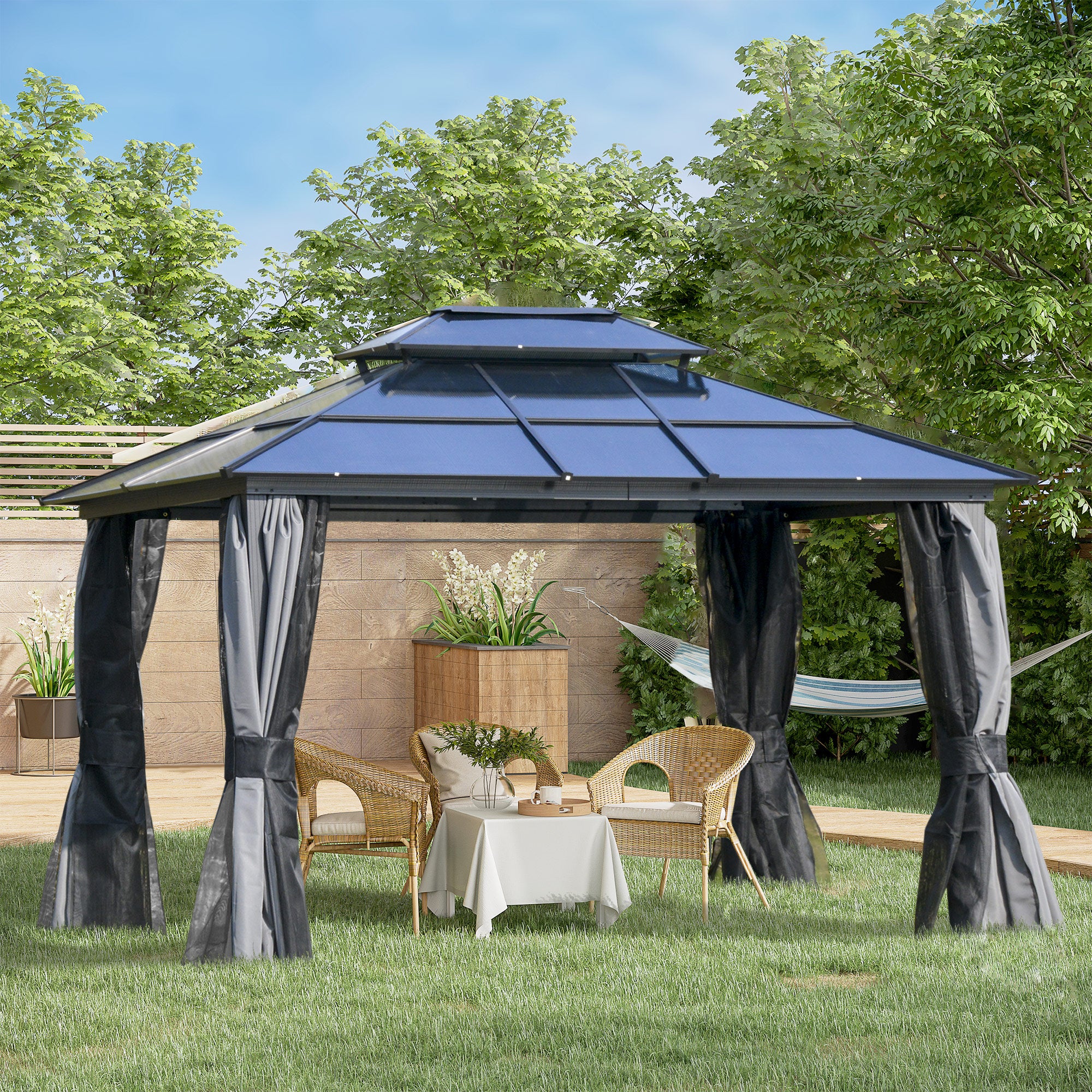 3.6 x 3 Metre Polycarbonate Gazebo Canopy Set with Mosquito Netting - Aluminium Frame