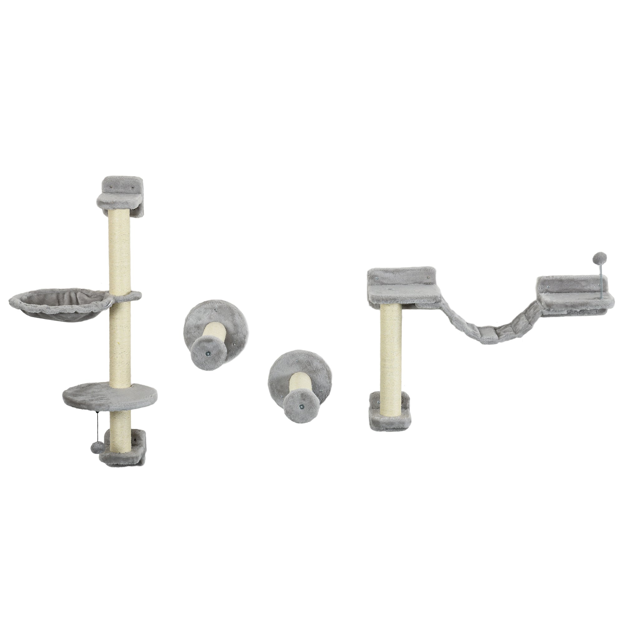 Four-Piece Wall-Mounted Cat Furniture Set with Hammock, Ladder & Scratching Post - Grey
