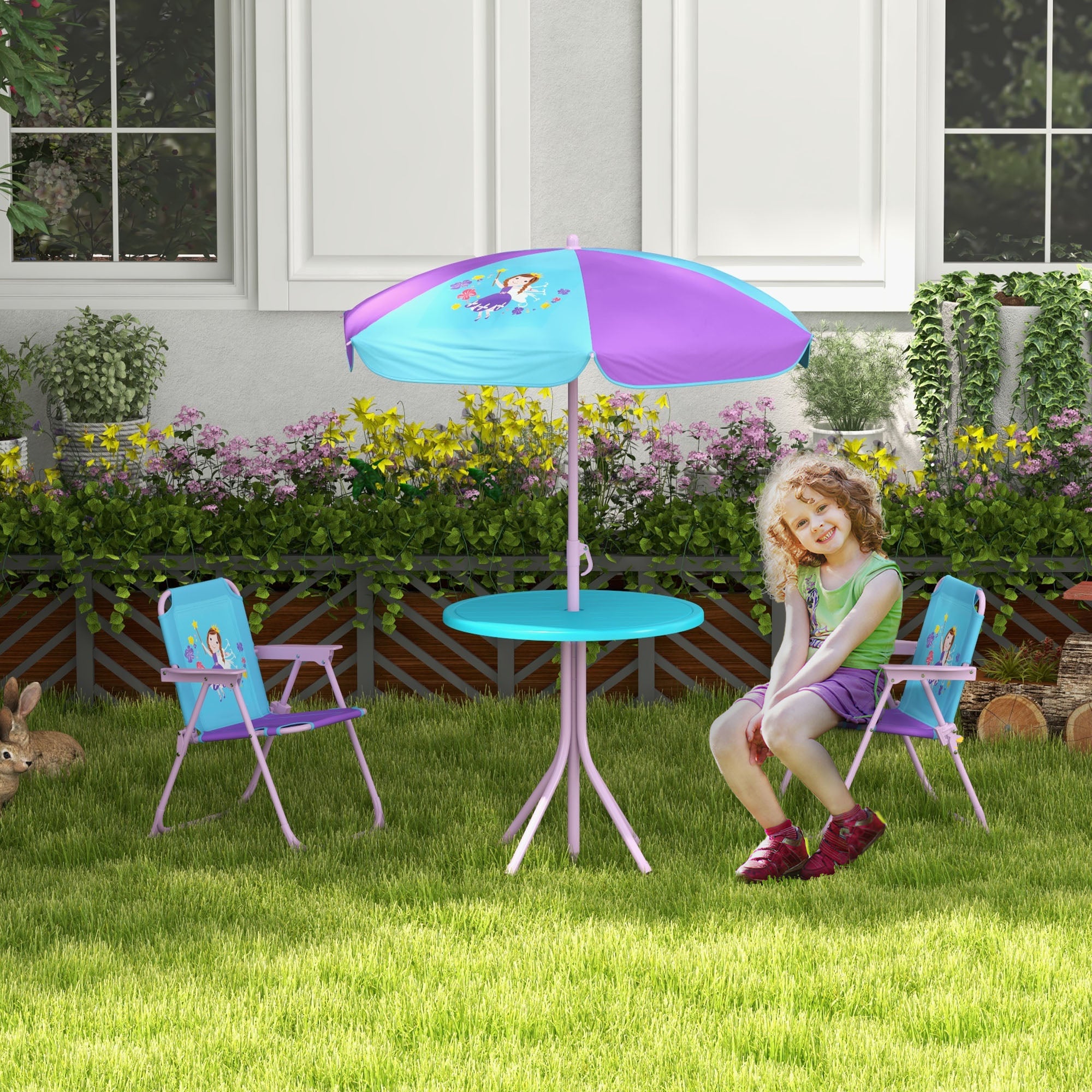 4 Piece Kids Fairy Picnic Table Set with Adjustable Parasol Pink