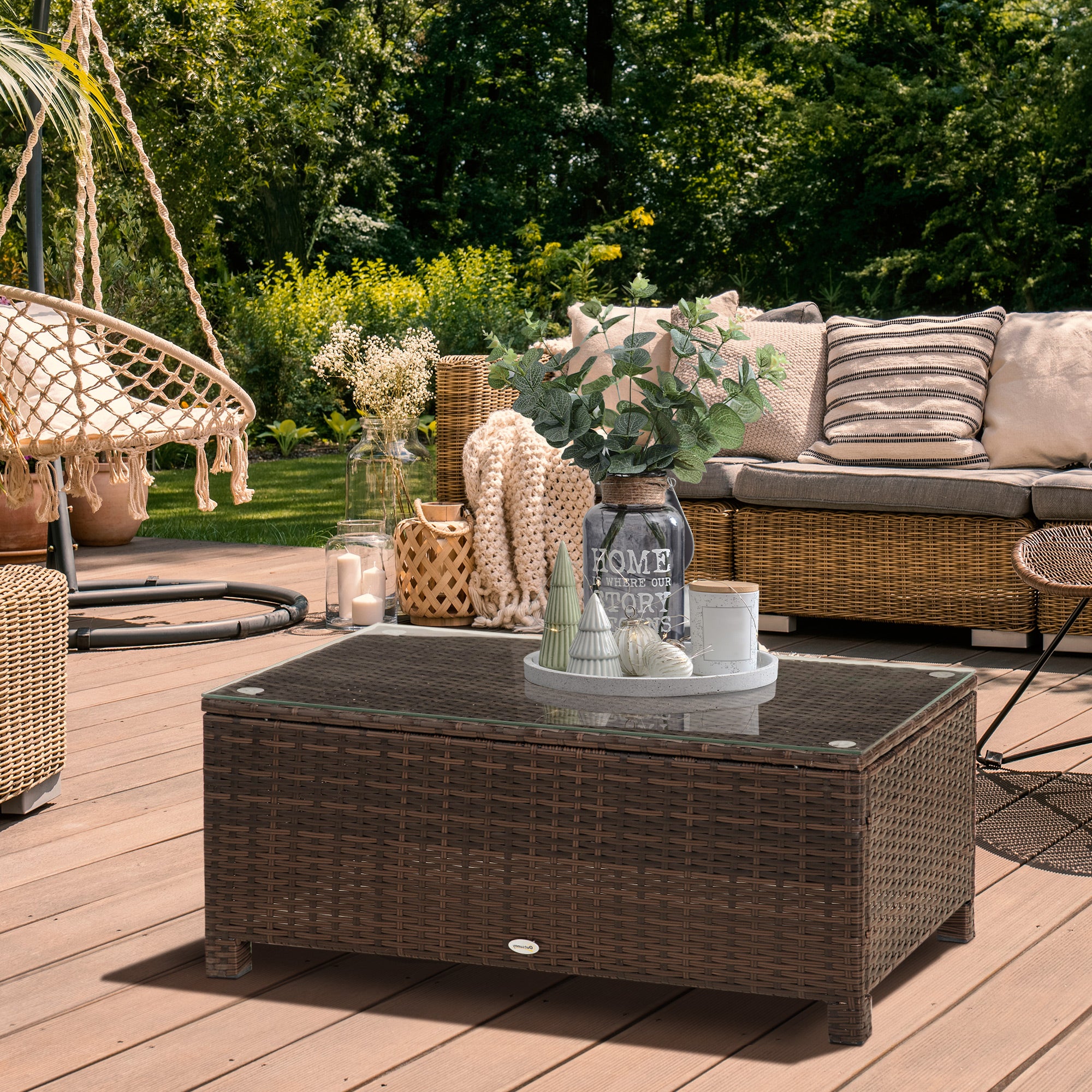 1 Piece Rattan Garden Coffee Table with Tempered Glass - Mixed Brown