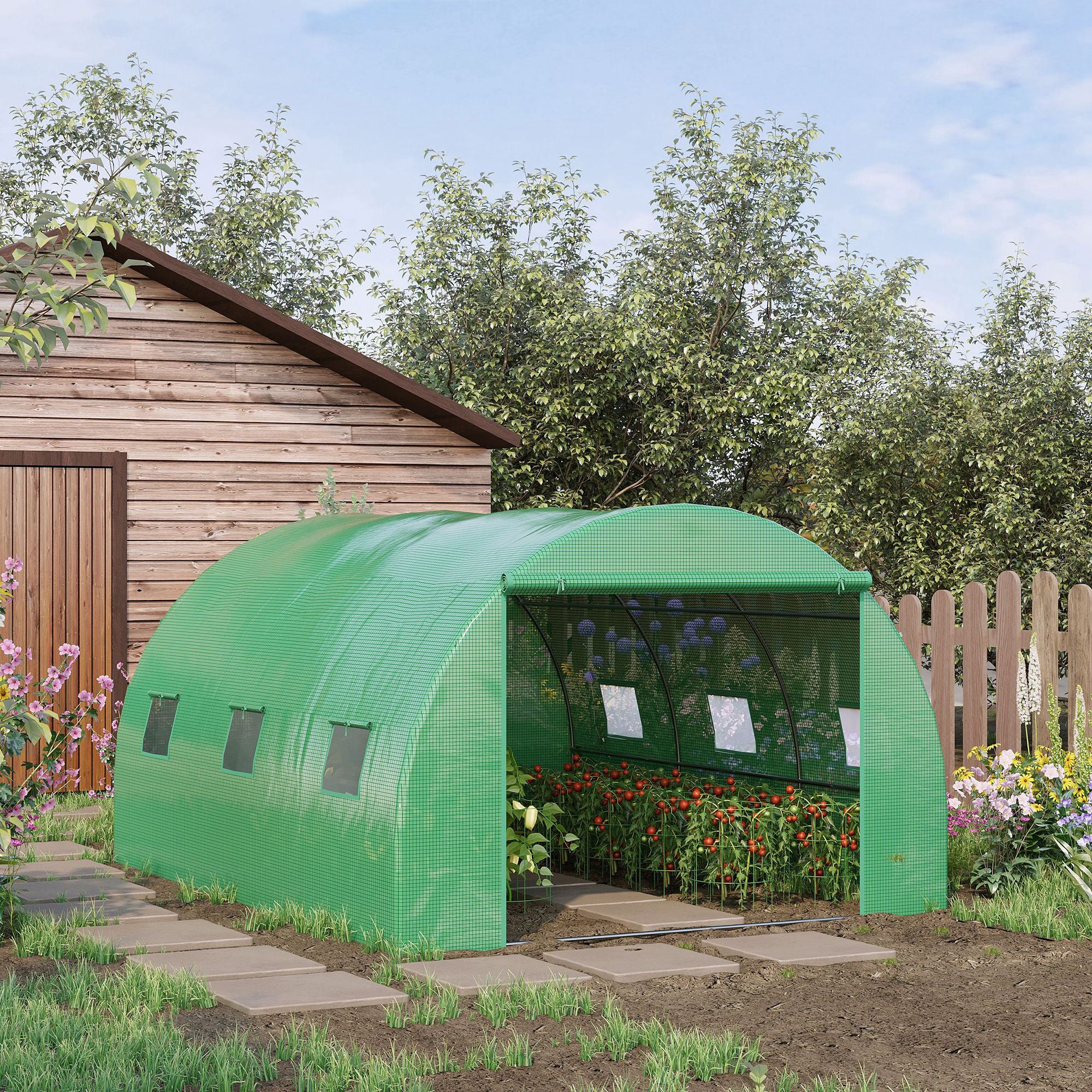4 x 3m Walk-In Polytunnel Greenhouse with PE Cover and Zippered Door - Green