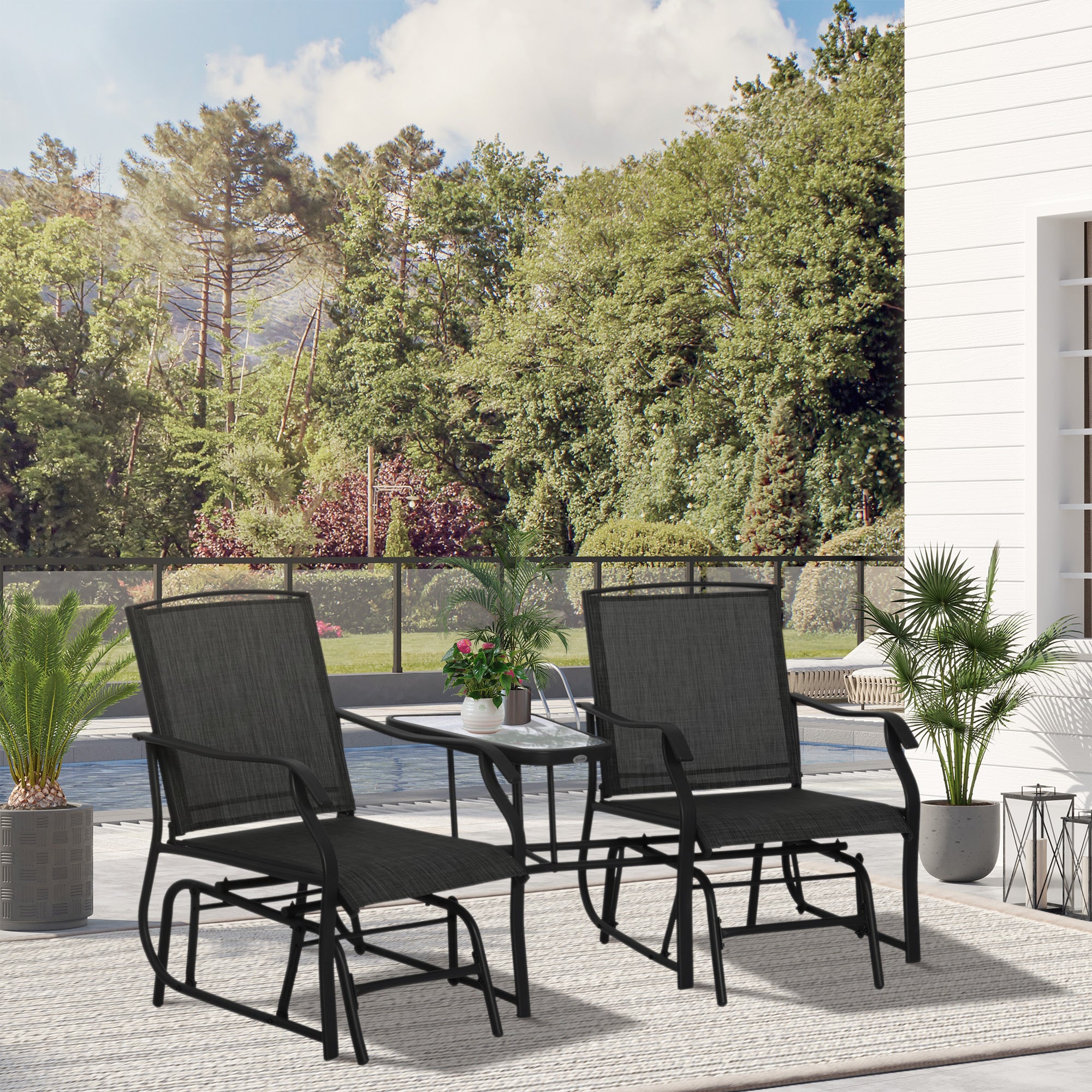 2 Piece Garden Double Glider Rocking Chair Set with Glass Table - Black Mesh