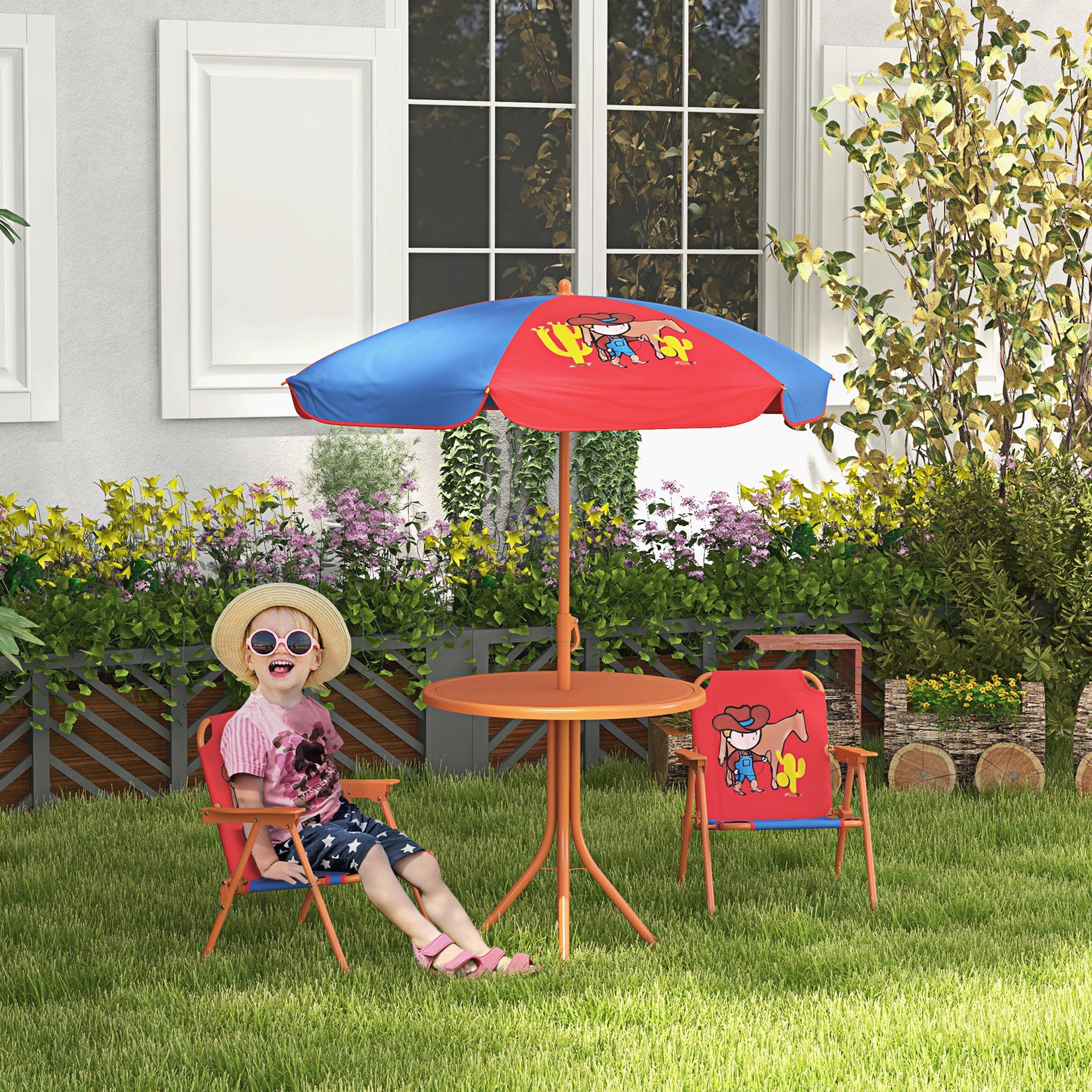 4 Piece Kids Picnic Table and Chair Set with Adjustable Parasol - Cowboy Theme