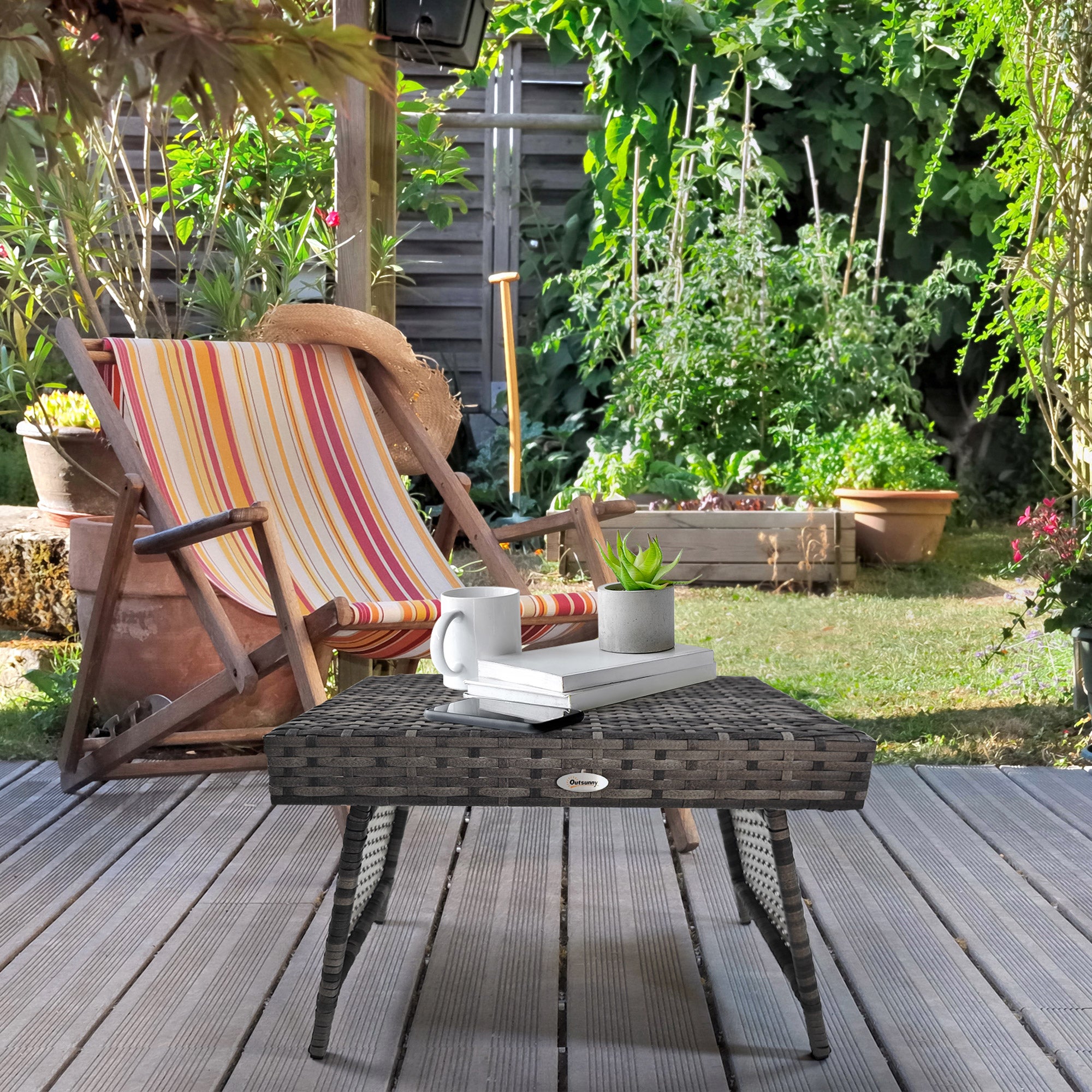 Foldable Outdoor Coffee Table with Metal Frame and Rattan Weave - Mixed Grey