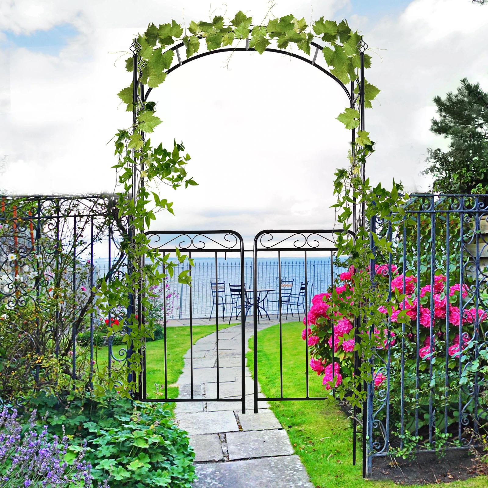 Garden Metal Arch with Gate Outdoor Trellis Arbor - Antique Black