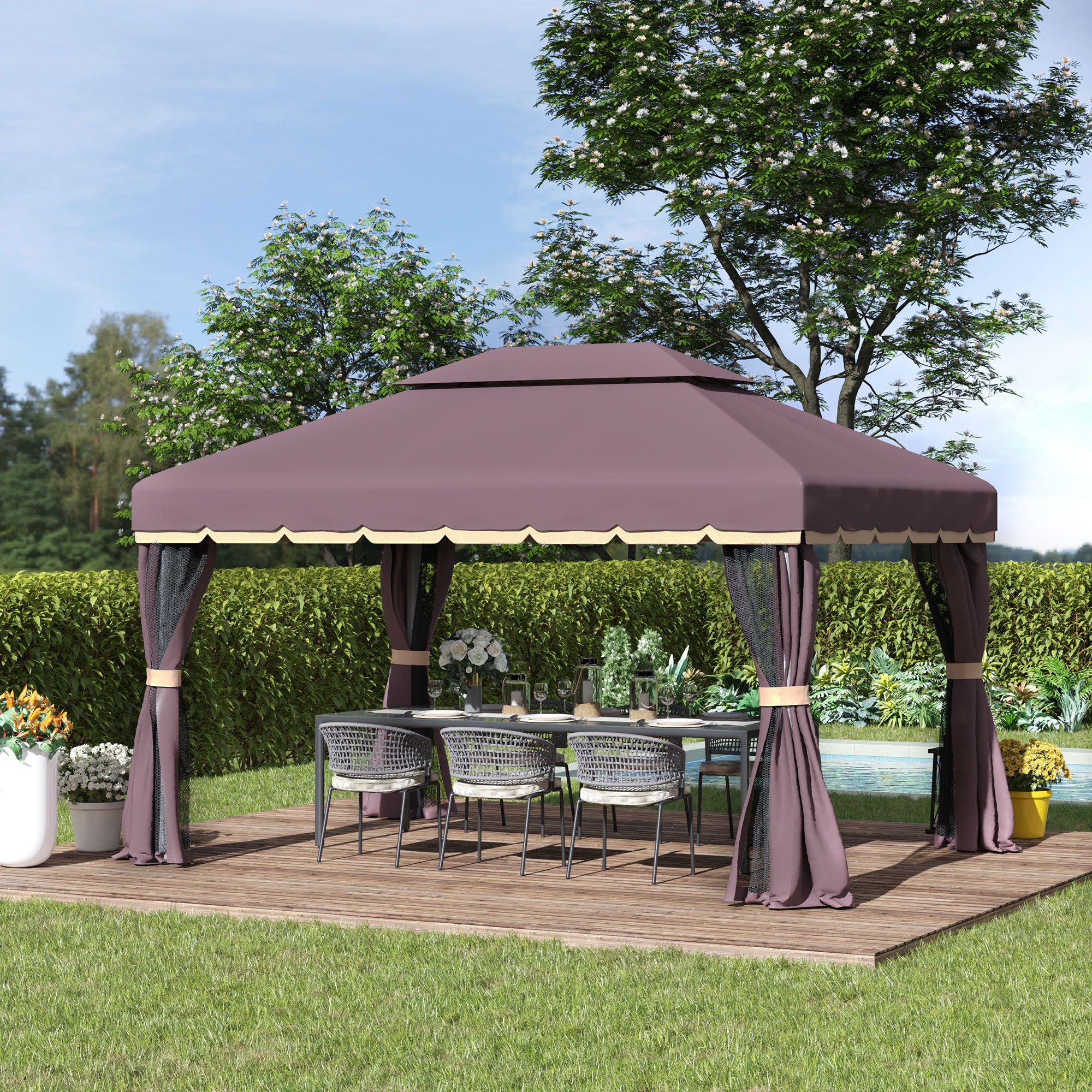 3x4m Aluminium Gazebo Canopy with Nets and Sidewalls - Coffee