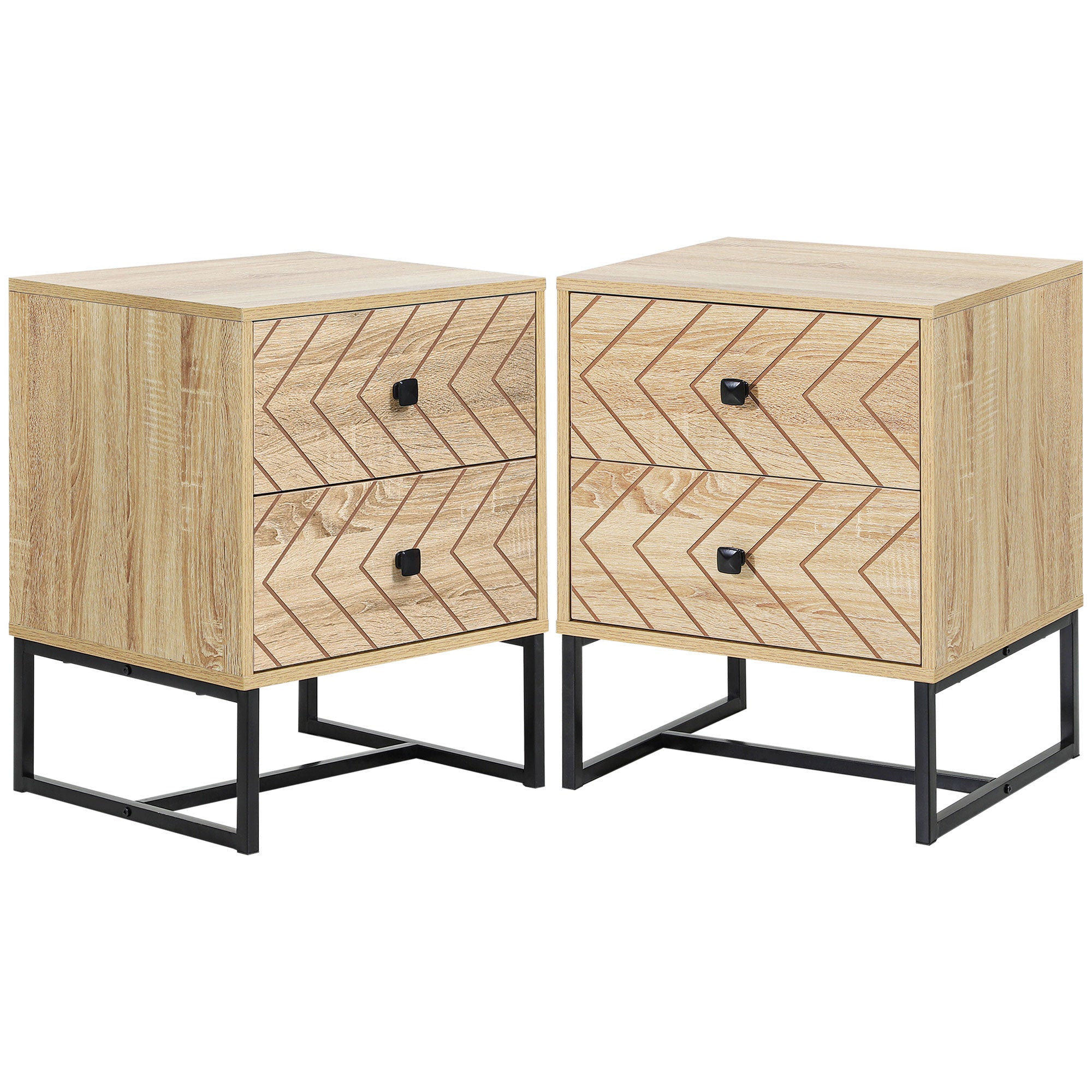 Set of 2 Zig Zag Design Bedside Tables with Two Drawers - Natural