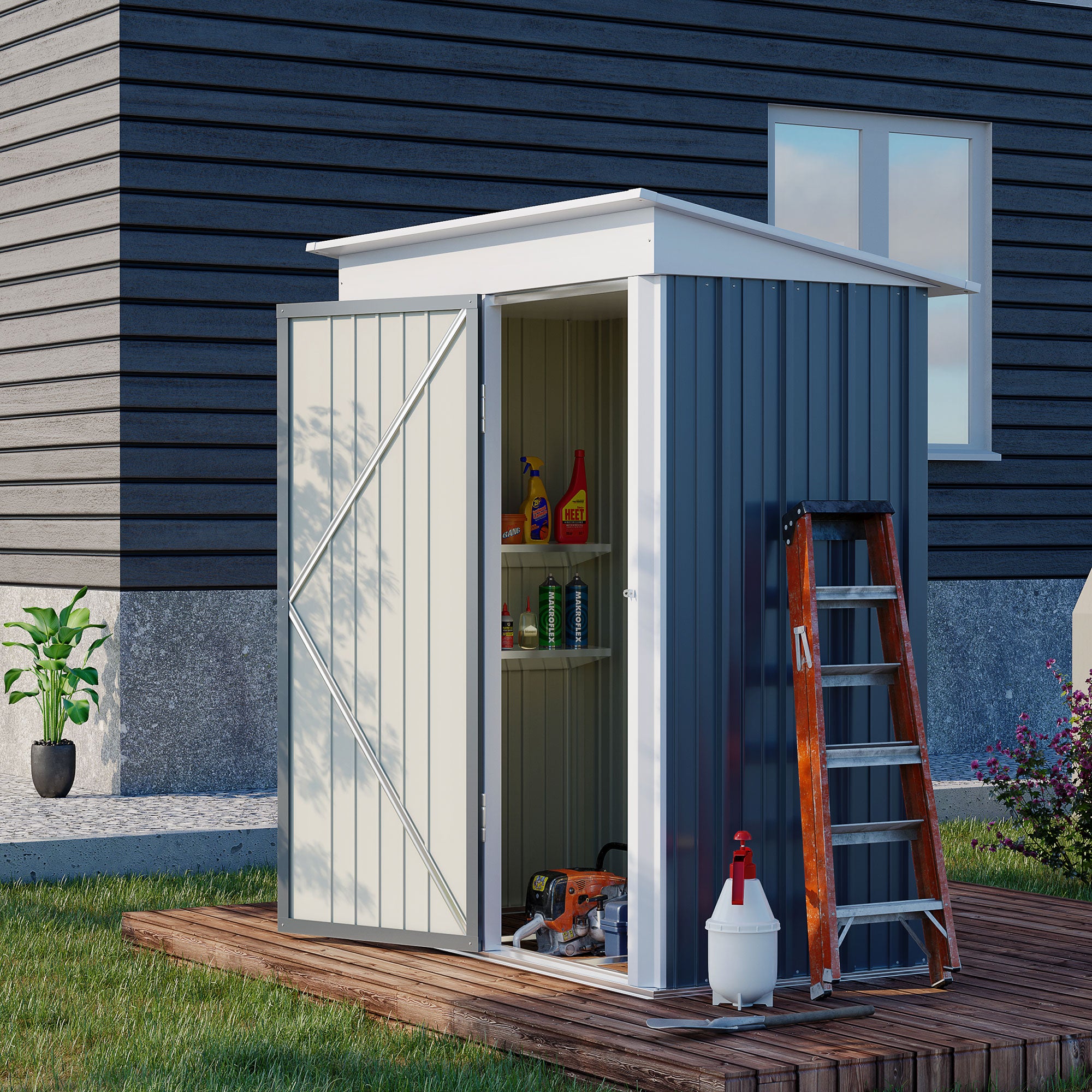 5 Foot Metal Lean-To Garden Shed with Adjustable Shelves - Dark Grey