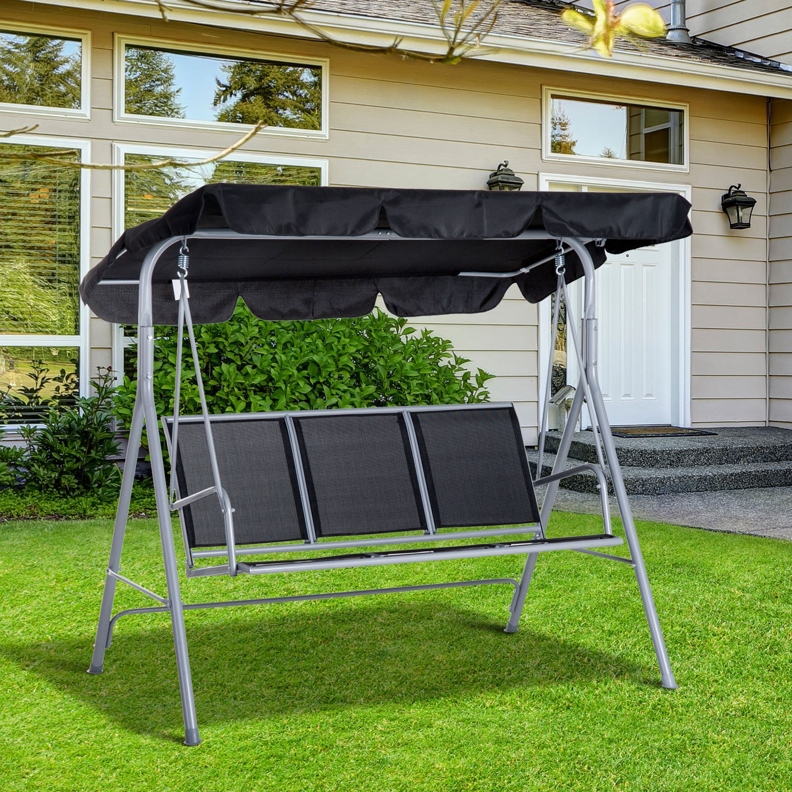 3 Seater Patio Swing Chair Garden Hammock Bench Rock Shelter Shade Metal Black