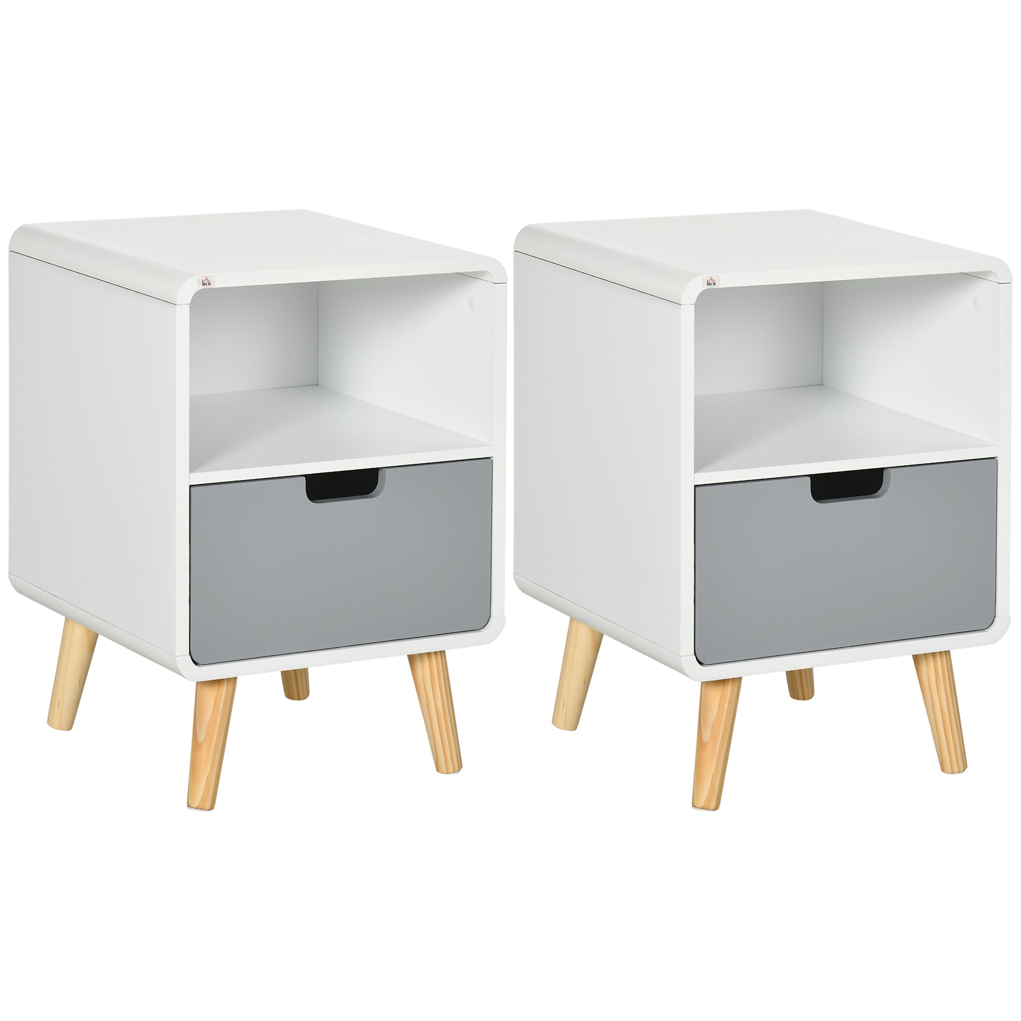 Set of 2 Wooden Bedside Tables with Drawer - Scandinavian Style - Natural Wood