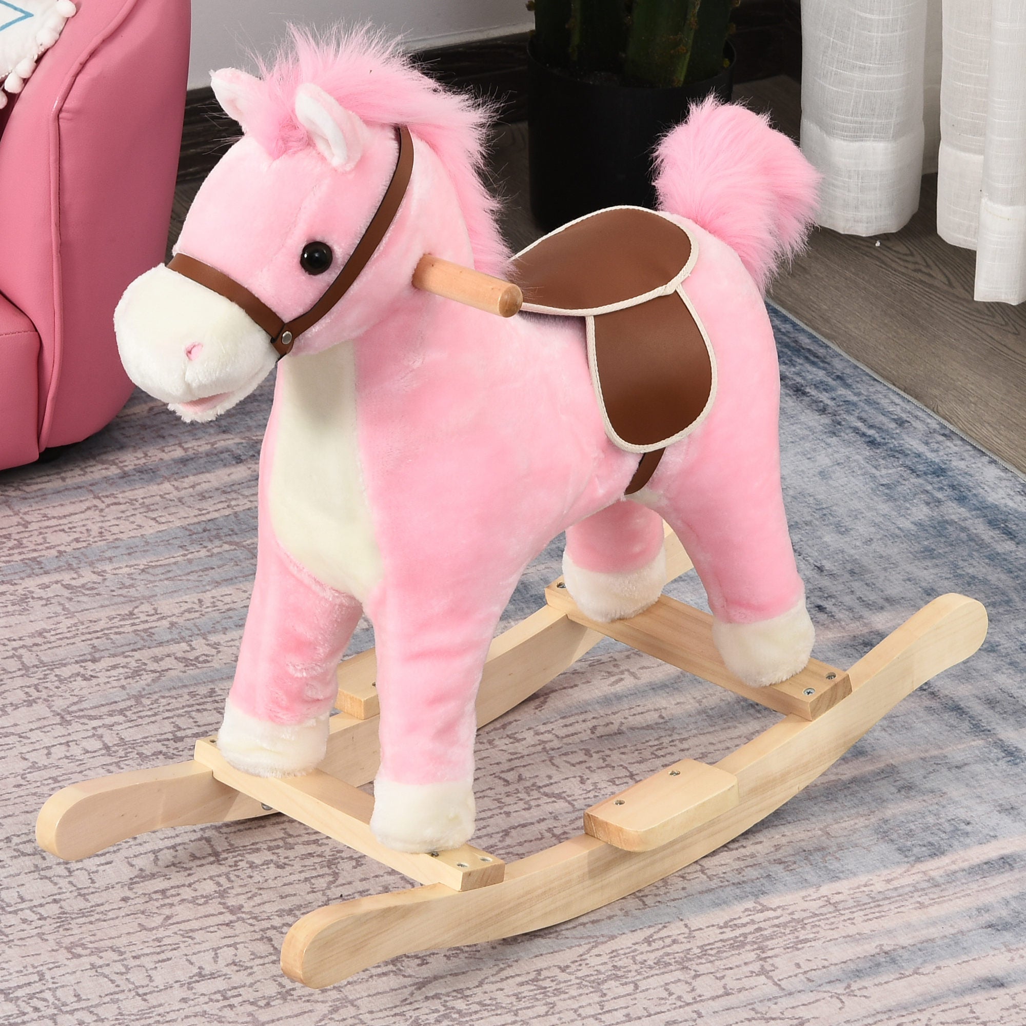 Kids Plush Ride-On Rocking Horse with Sound - Pink