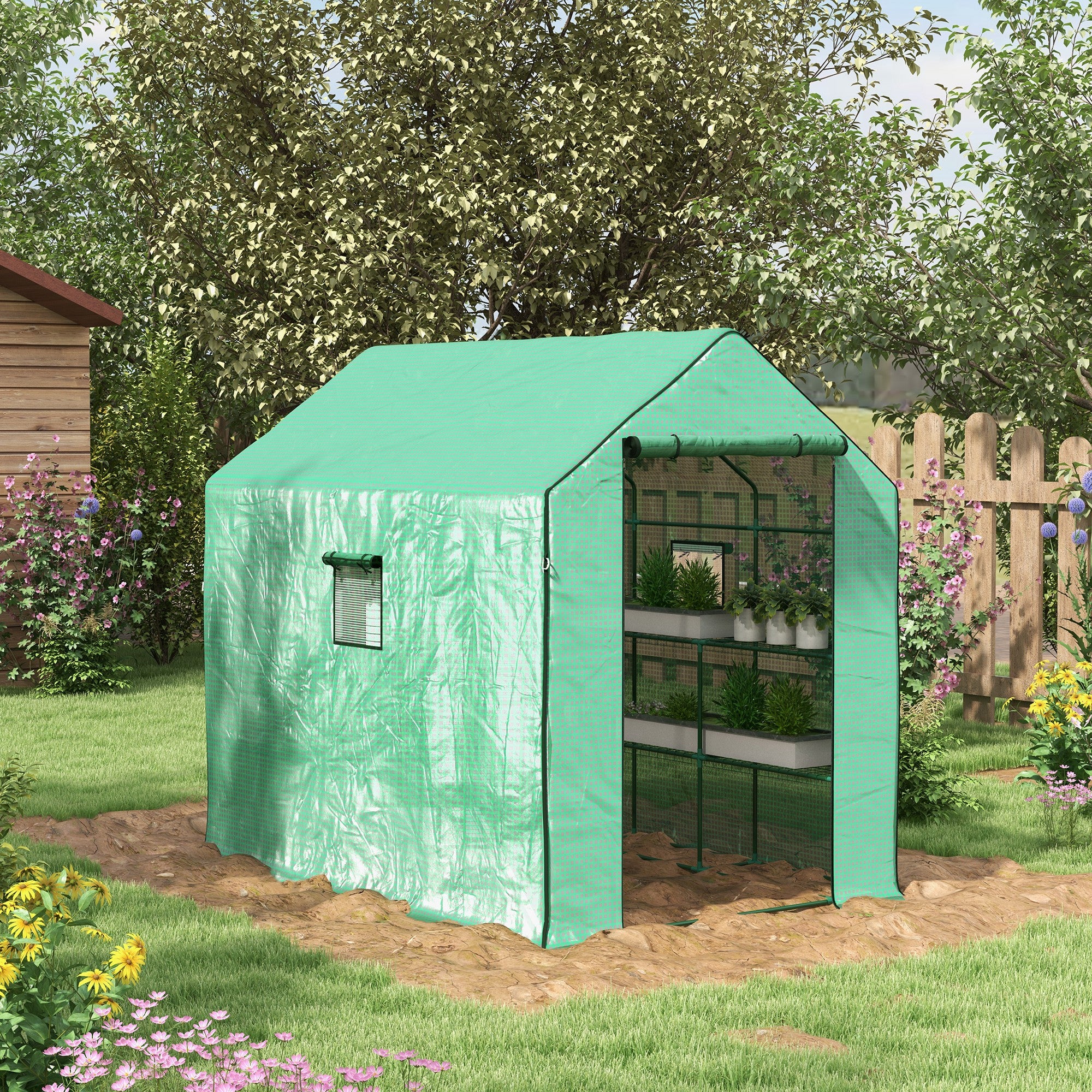 Walk-in Greenhouse with 3 Tier Shelves and Reinforced PE Cover Green