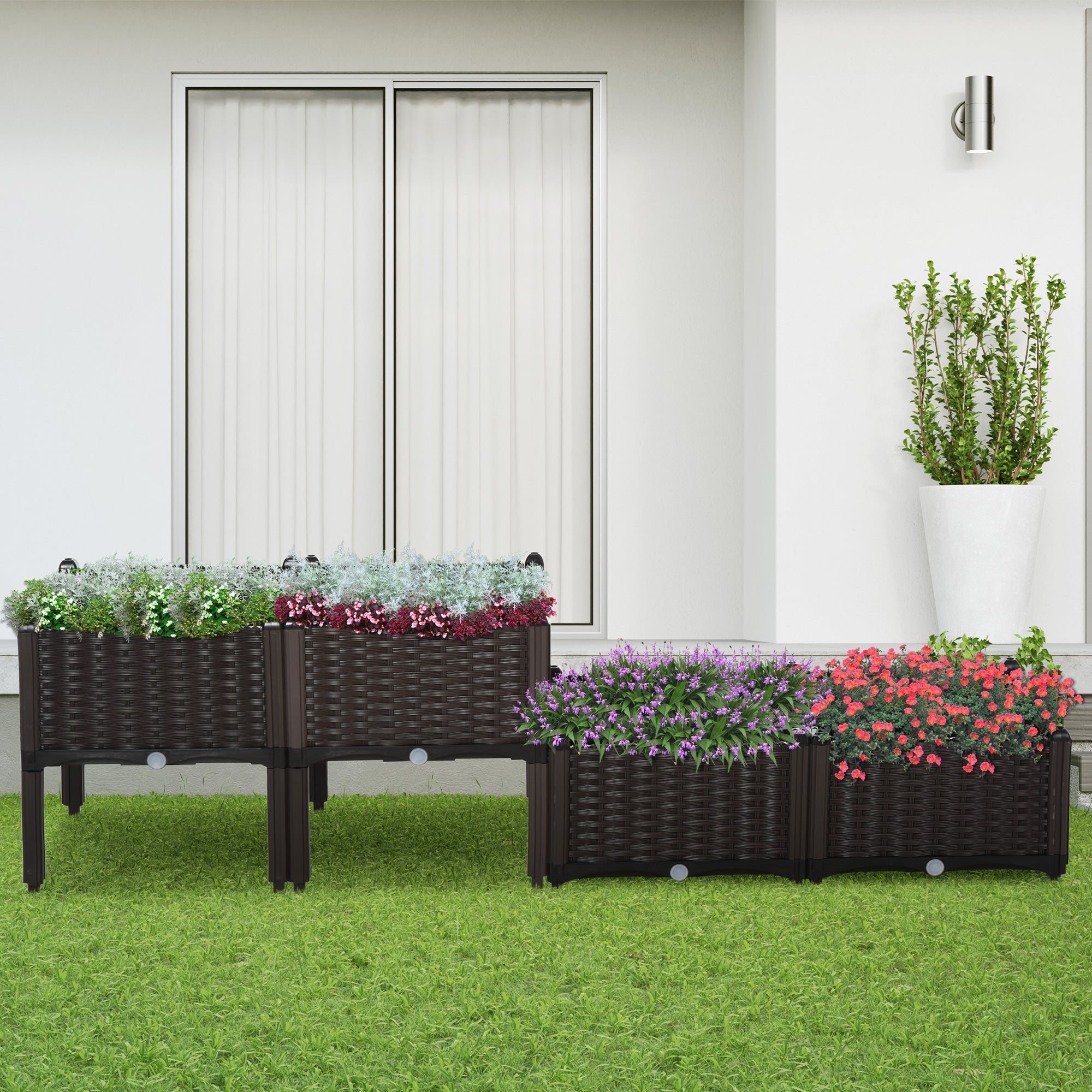 Set of 4 Self-Watering Raised Garden Bed Planters with Rattan-Effect - Brown