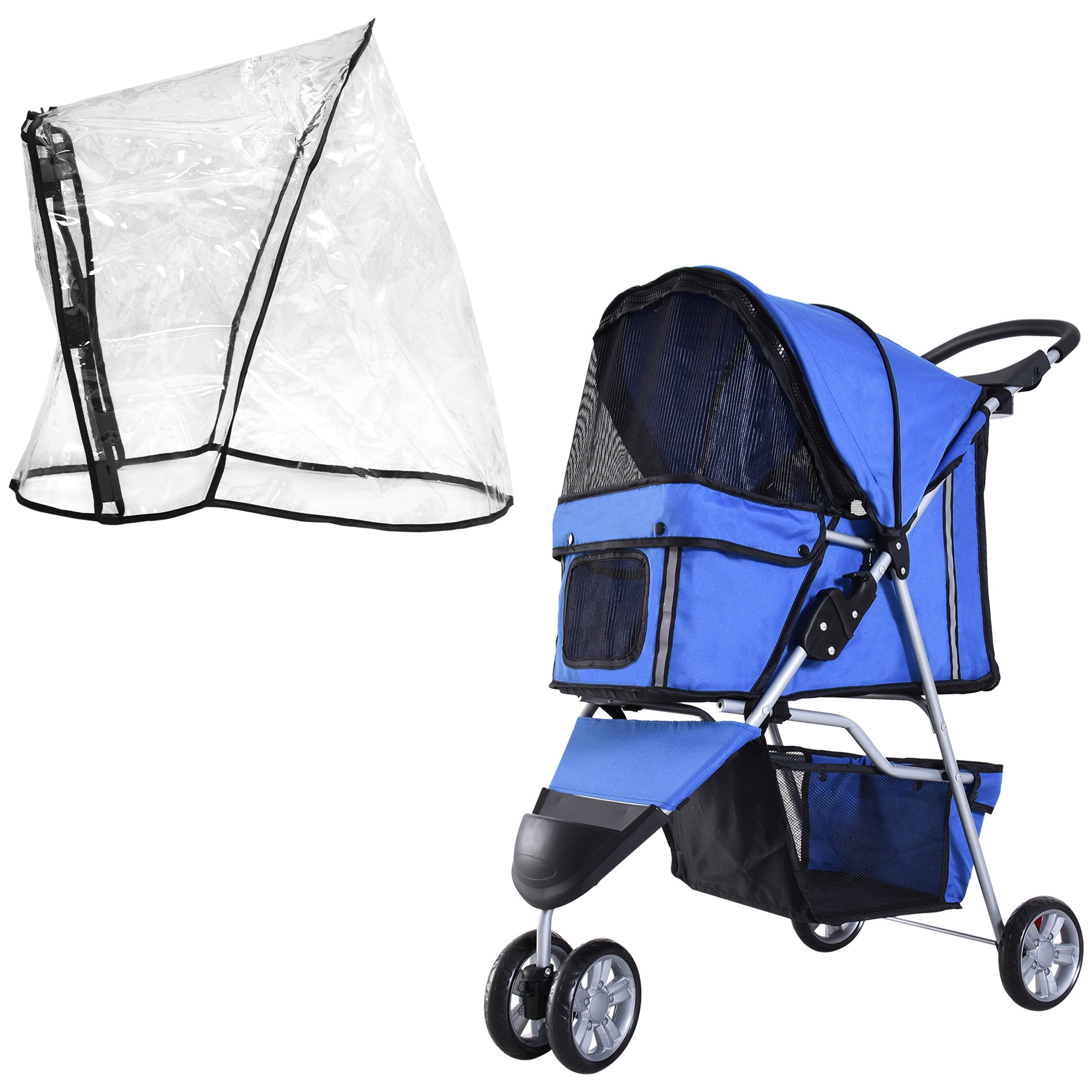 Folding Dog Stroller with Cover, Cup Holder & Storage Basket for Small Miniature Dogs - Blue