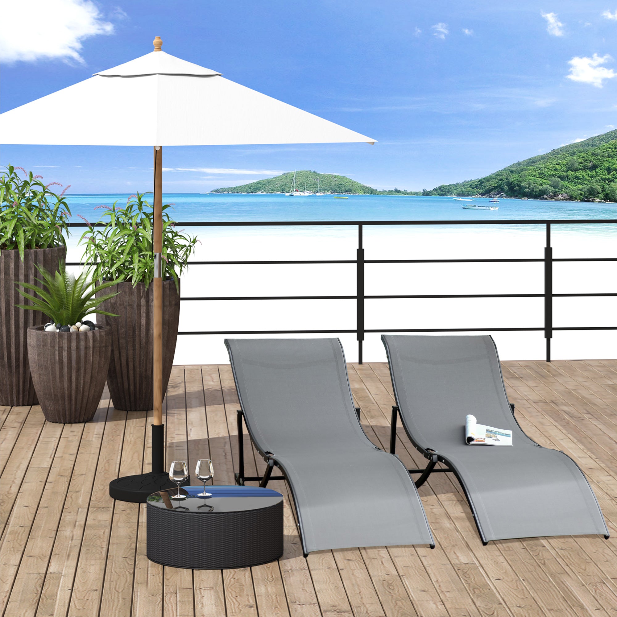 Set of 2 Foldable S-Shaped Outdoor Lounge Chairs - Grey